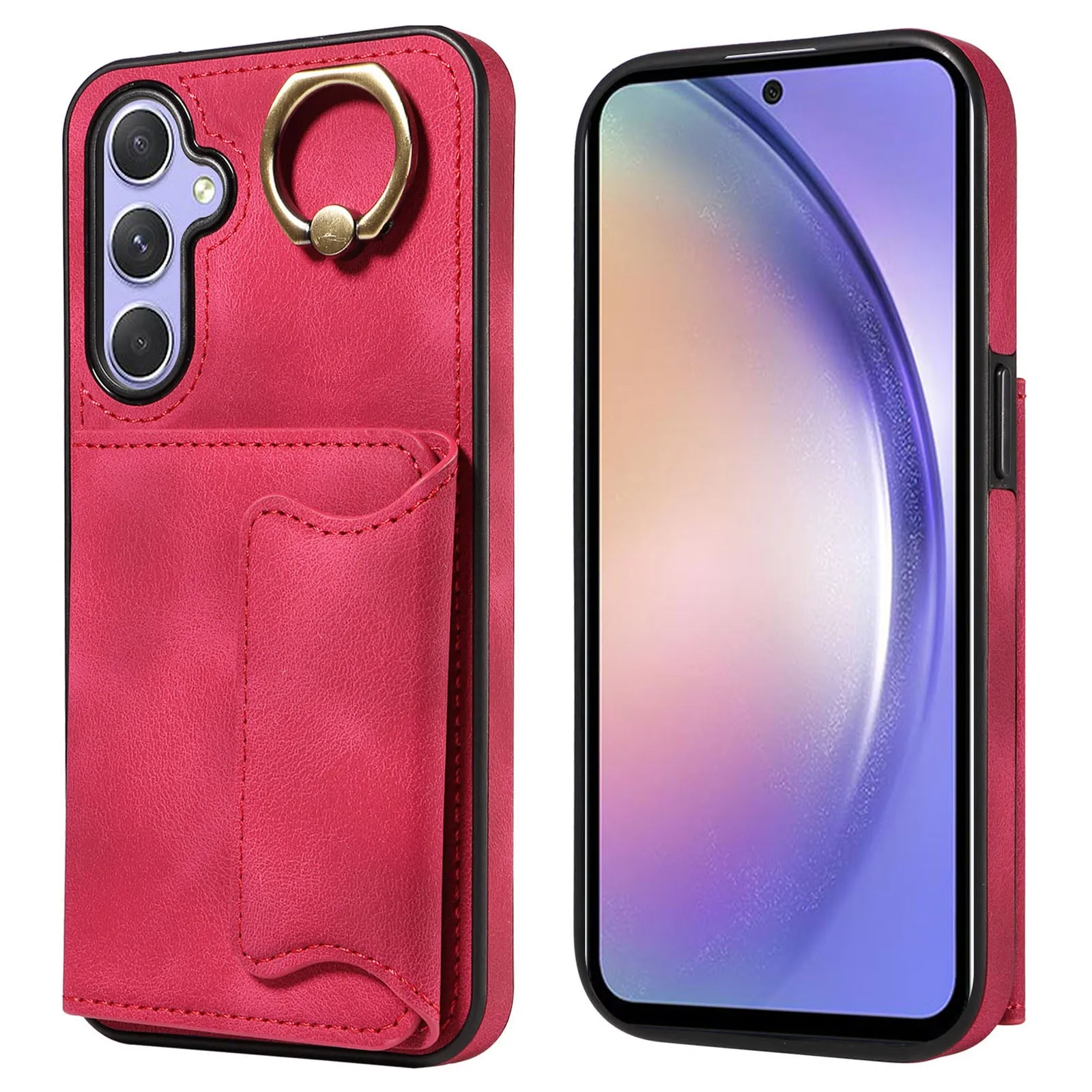 001 For Samsung Galaxy A54 5G Card Holder Phone Case Ring Kickstand Anti-drop PU Leather TPU Cover