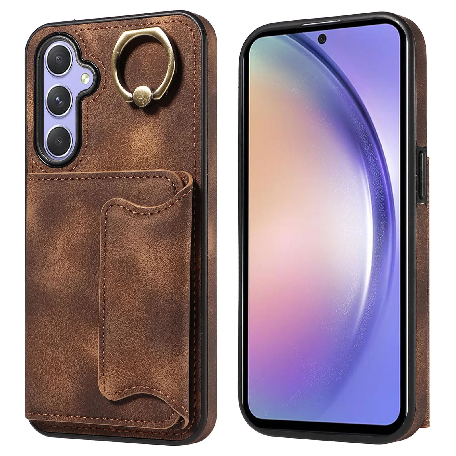 001 For Samsung Galaxy A54 5G Card Holder Phone Case Ring Kickstand Anti-drop PU Leather TPU Cover