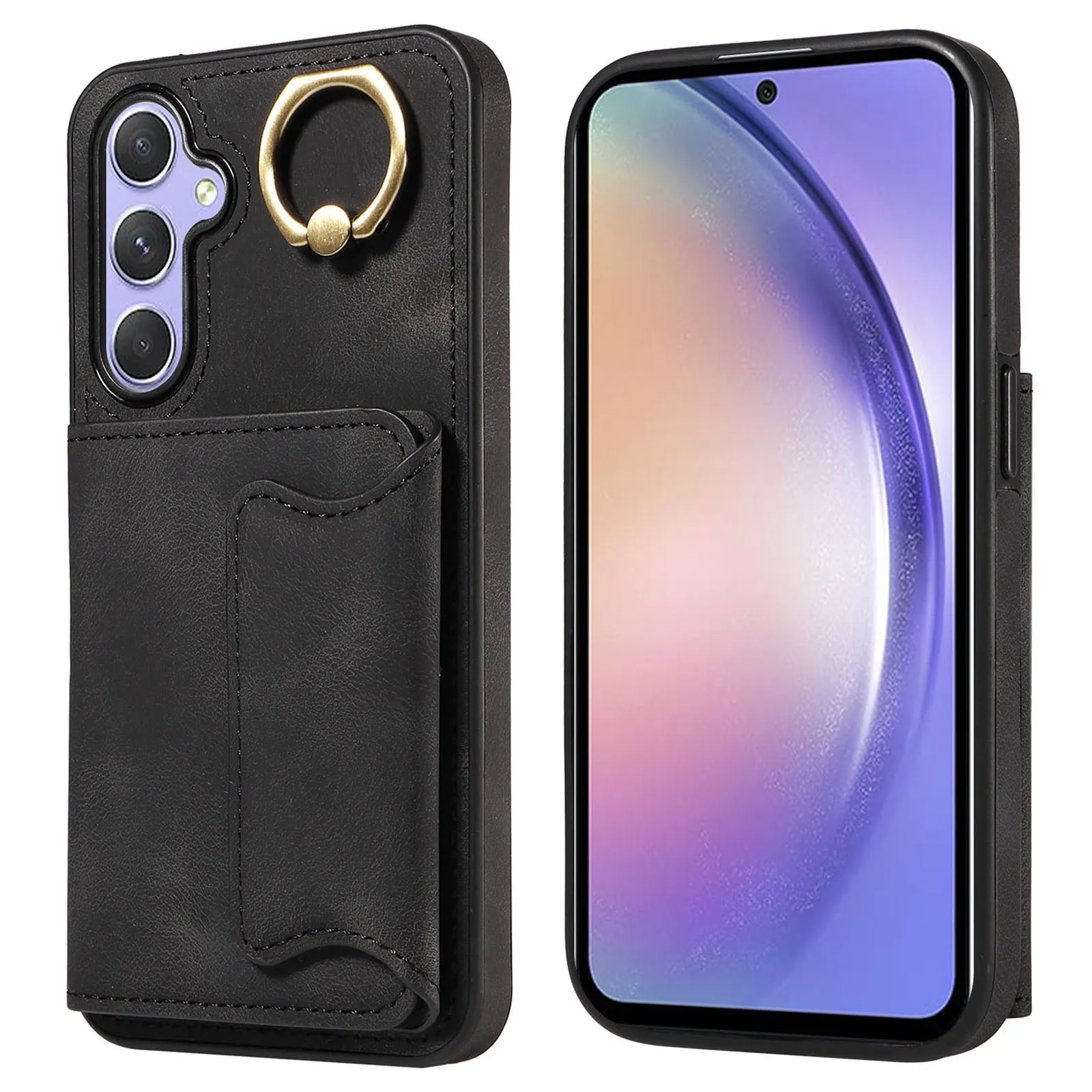 001 For Samsung Galaxy A54 5G Card Holder Phone Case Ring Kickstand Anti-drop PU Leather TPU Cover