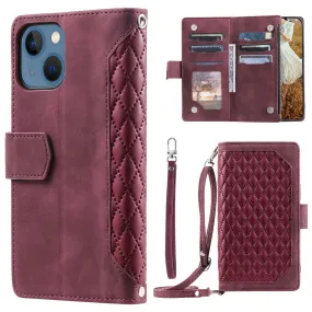 005 Style For iPhone 14 6.1 inch, Shockproof Zipper Pocket Flip Wallet Case Stand PU Leather Rhombus Texture Protective Phone Cover with Strap Card Holder