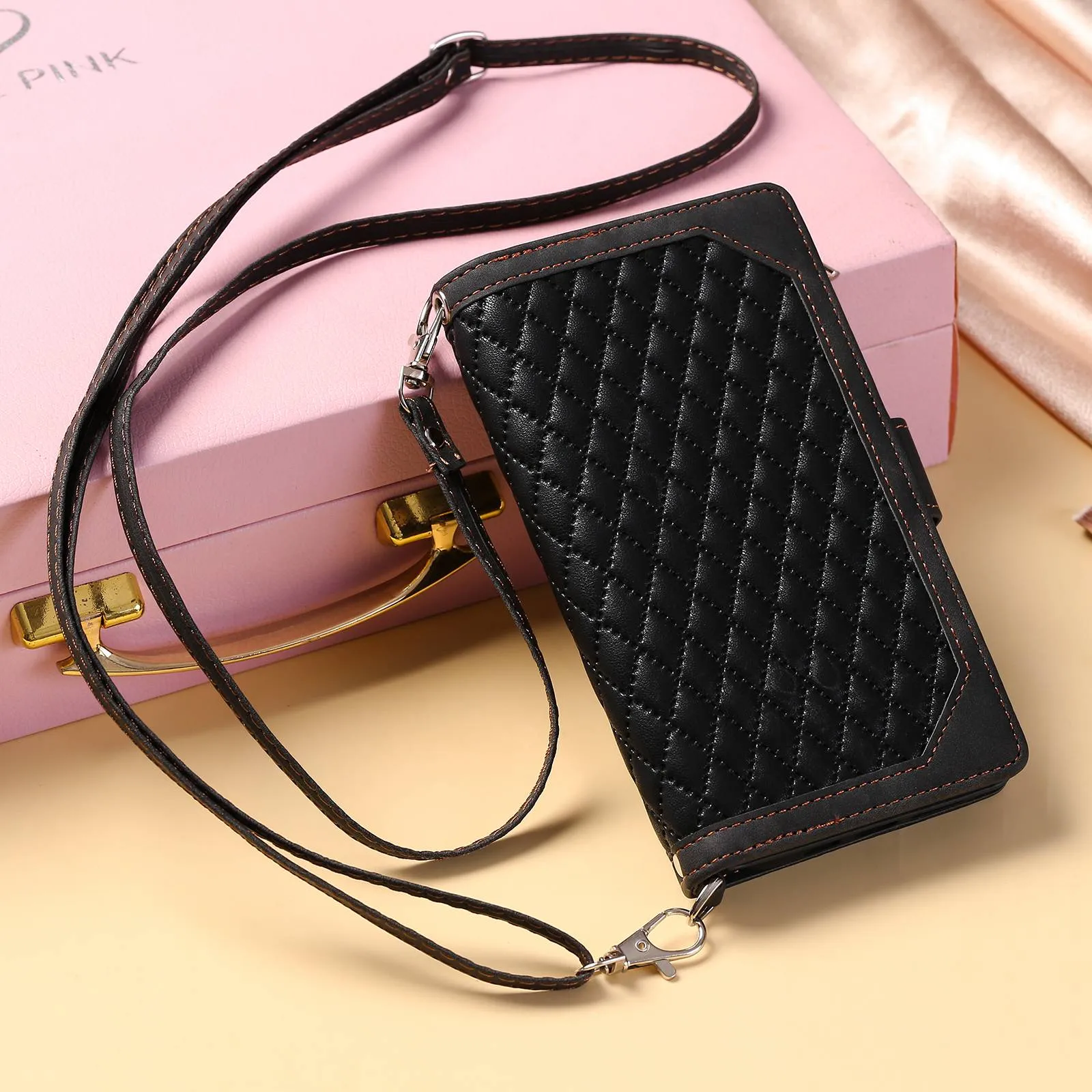 005 Style For Samsung Galaxy S21 FE 5G, Anti-scratch Zipper Pocket Phone Cover Rhombus Texture PU Leather Anti-fall Wallet Case Stand with Strap Card Holder