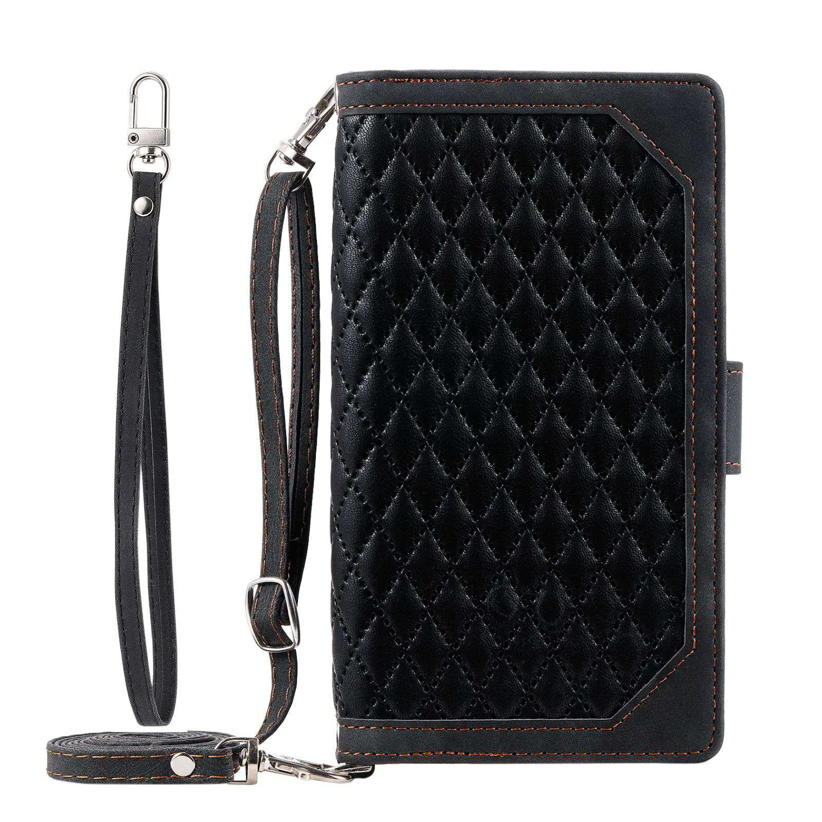 005 Style For Samsung Galaxy S21 FE 5G, Anti-scratch Zipper Pocket Phone Cover Rhombus Texture PU Leather Anti-fall Wallet Case Stand with Strap Card Holder