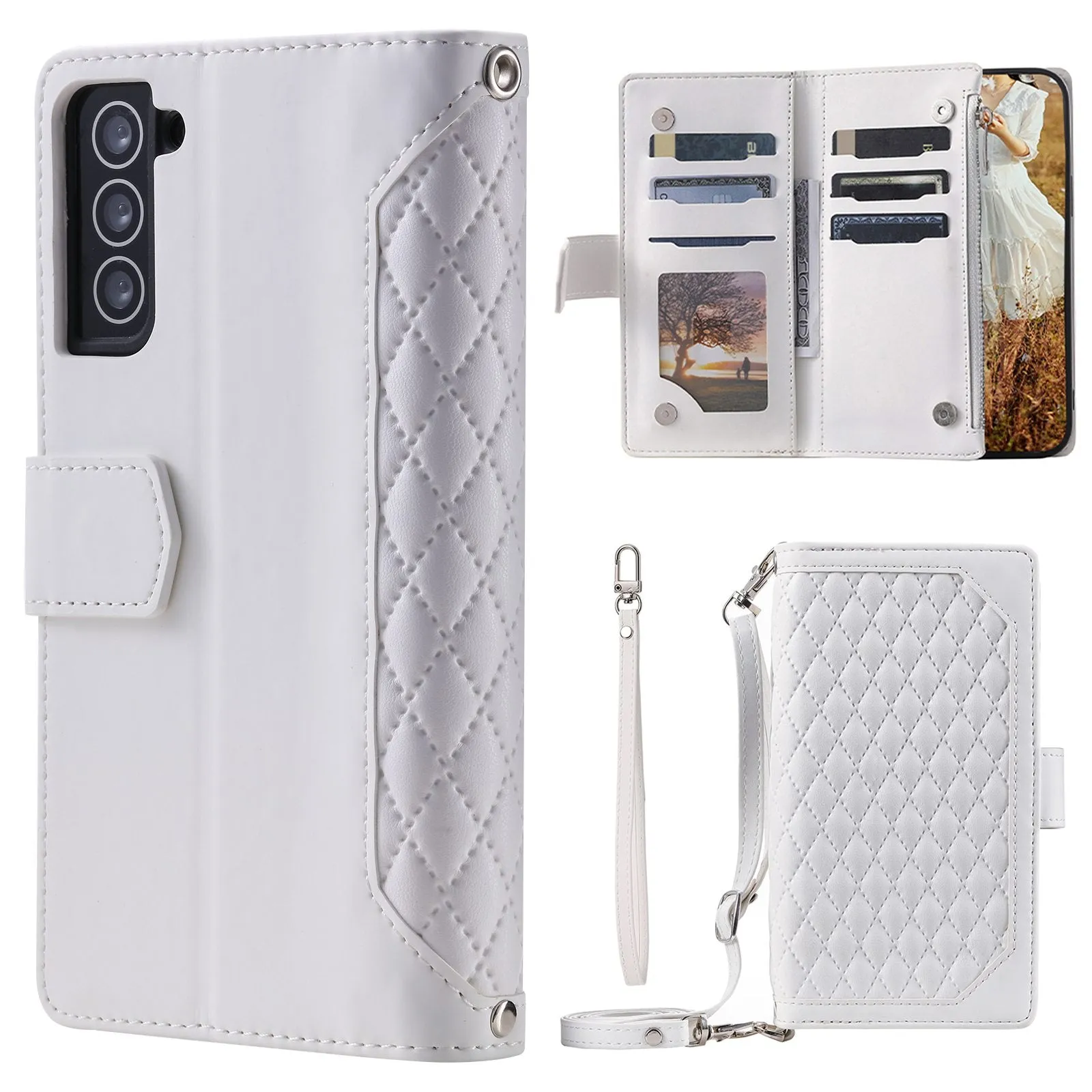 005 Style For Samsung Galaxy S21 FE 5G, Anti-scratch Zipper Pocket Phone Cover Rhombus Texture PU Leather Anti-fall Wallet Case Stand with Strap Card Holder