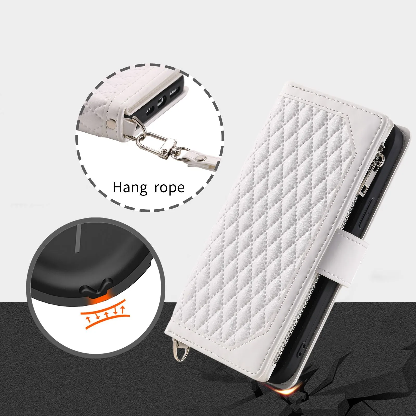 005 Style For Samsung Galaxy S21 FE 5G, Anti-scratch Zipper Pocket Phone Cover Rhombus Texture PU Leather Anti-fall Wallet Case Stand with Strap Card Holder