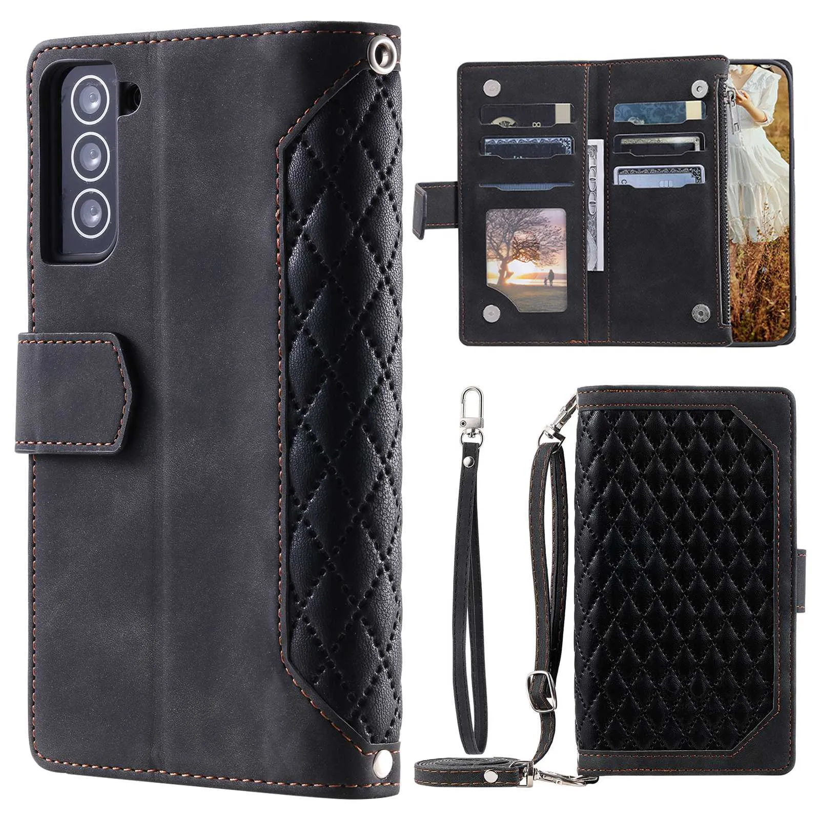 005 Style For Samsung Galaxy S21 FE 5G, Anti-scratch Zipper Pocket Phone Cover Rhombus Texture PU Leather Anti-fall Wallet Case Stand with Strap Card Holder