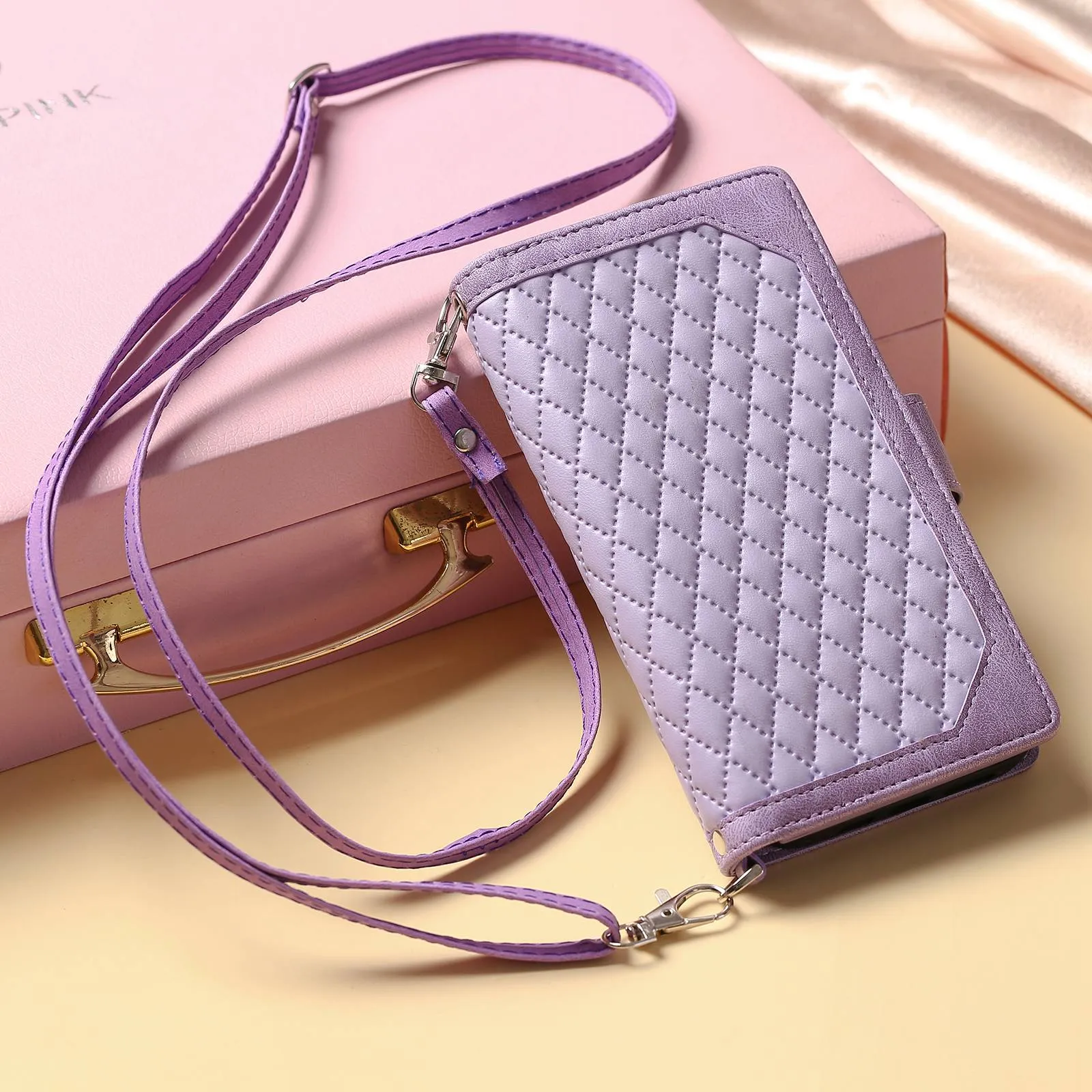 005 Style For Samsung Galaxy S21 FE 5G, Anti-scratch Zipper Pocket Phone Cover Rhombus Texture PU Leather Anti-fall Wallet Case Stand with Strap Card Holder