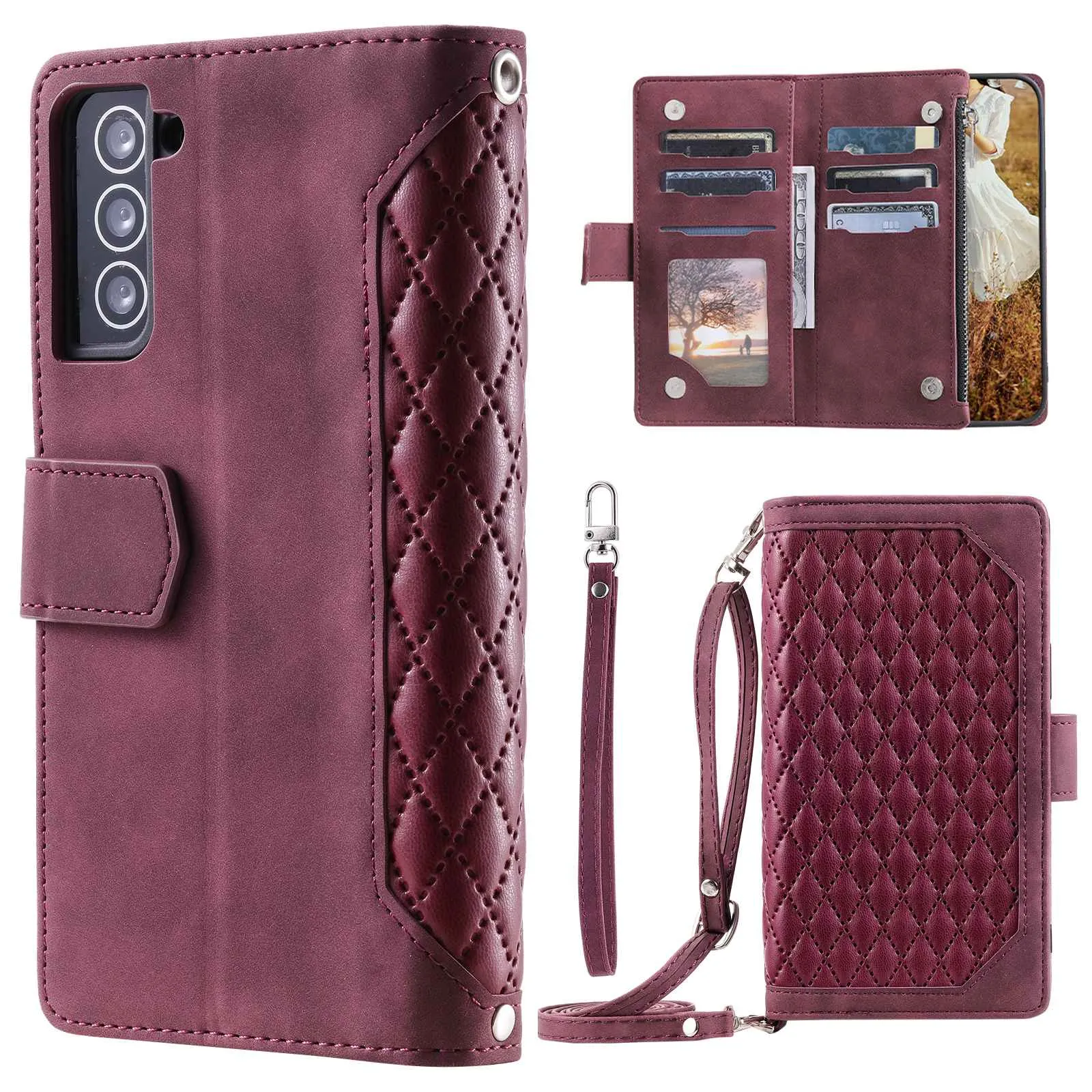 005 Style For Samsung Galaxy S21 FE 5G, Anti-scratch Zipper Pocket Phone Cover Rhombus Texture PU Leather Anti-fall Wallet Case Stand with Strap Card Holder