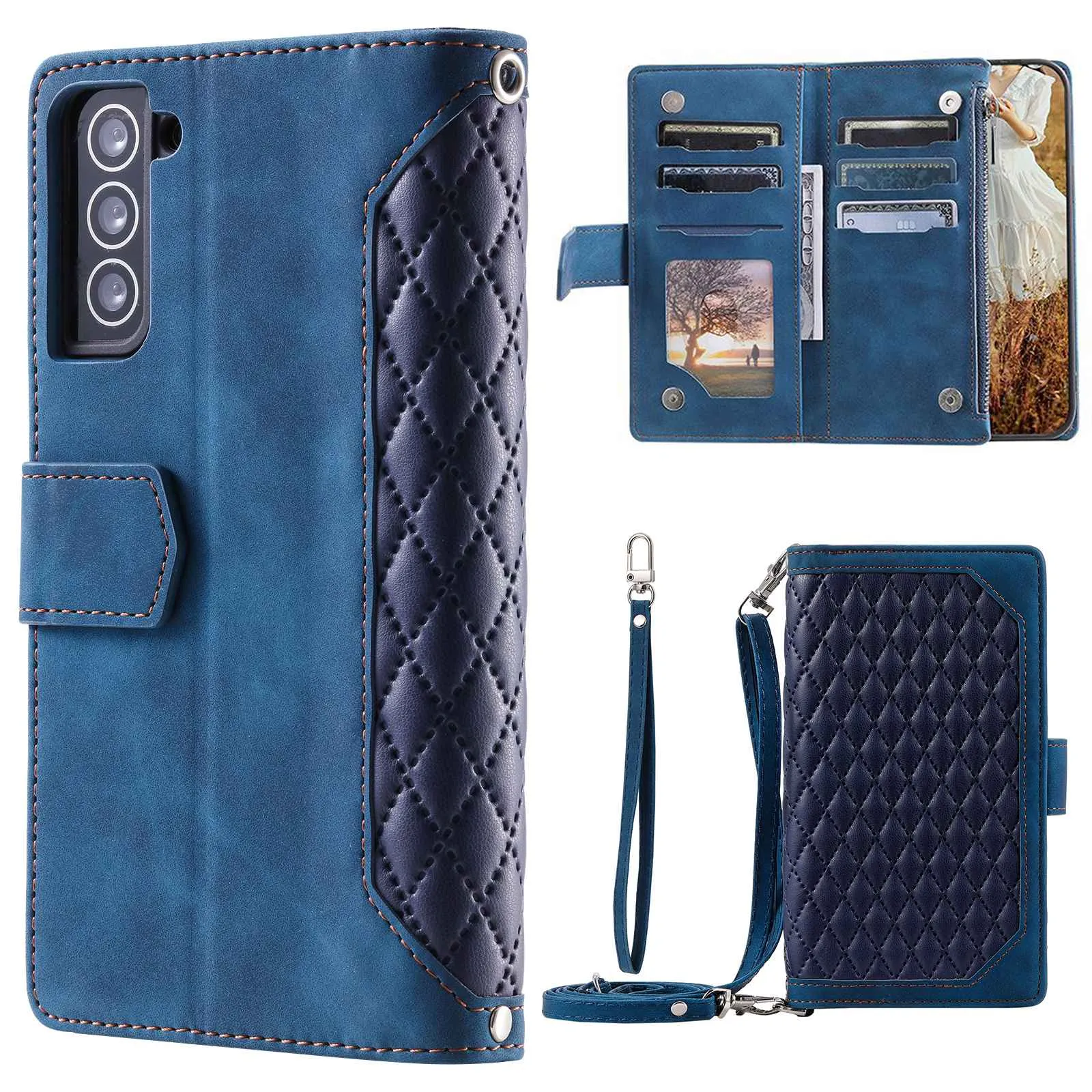 005 Style For Samsung Galaxy S21 FE 5G, Anti-scratch Zipper Pocket Phone Cover Rhombus Texture PU Leather Anti-fall Wallet Case Stand with Strap Card Holder