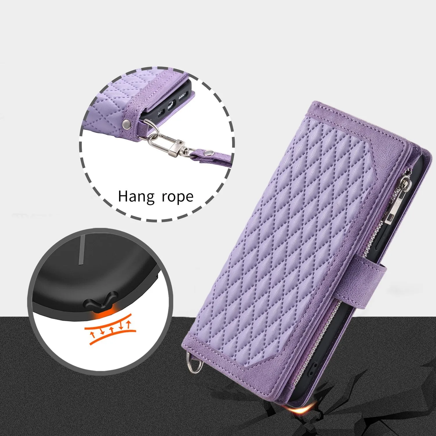 005 Style Zipper Pocket Stand Case for iPhone 11 Pro Max 6.5 inch, PU Leather Wallet Rhombus Texture Phone Shell Protector with Wrist Strap