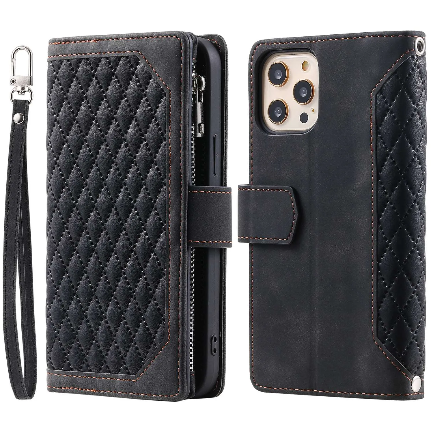 005 Style Zipper Pocket Stand Case for iPhone 11 Pro Max 6.5 inch, PU Leather Wallet Rhombus Texture Phone Shell Protector with Wrist Strap