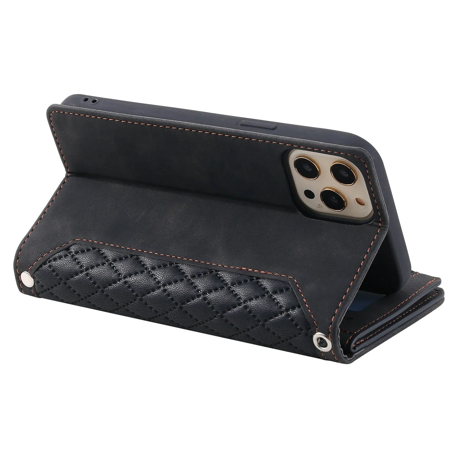 005 Style Zipper Pocket Stand Case for iPhone 11 Pro Max 6.5 inch, PU Leather Wallet Rhombus Texture Phone Shell Protector with Wrist Strap