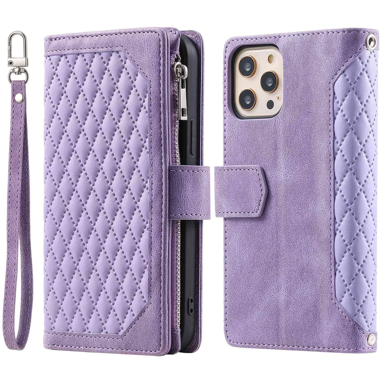 005 Style Zipper Pocket Stand Case for iPhone 11 Pro Max 6.5 inch, PU Leather Wallet Rhombus Texture Phone Shell Protector with Wrist Strap