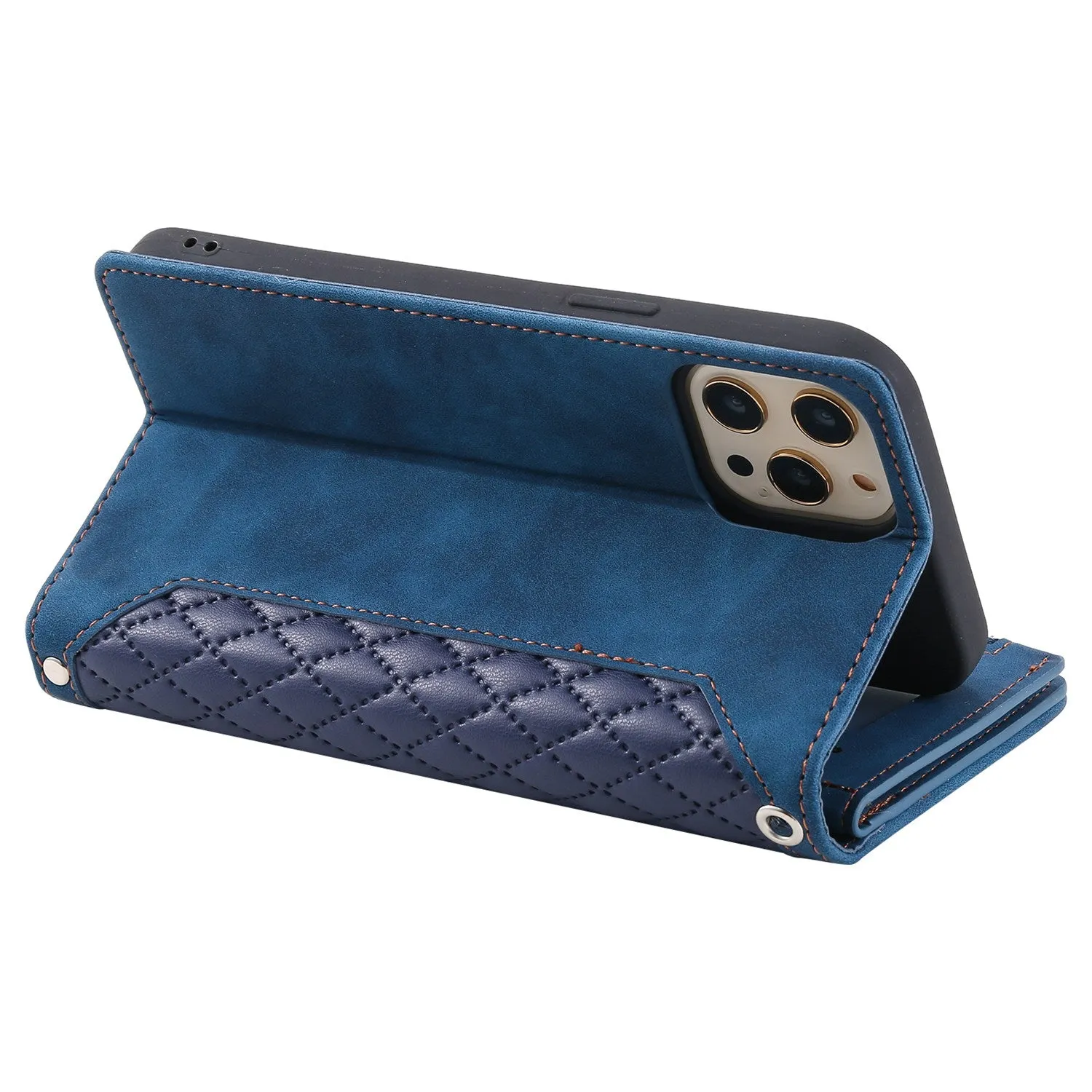 005 Style Zipper Pocket Stand Case for iPhone 11 Pro Max 6.5 inch, PU Leather Wallet Rhombus Texture Phone Shell Protector with Wrist Strap