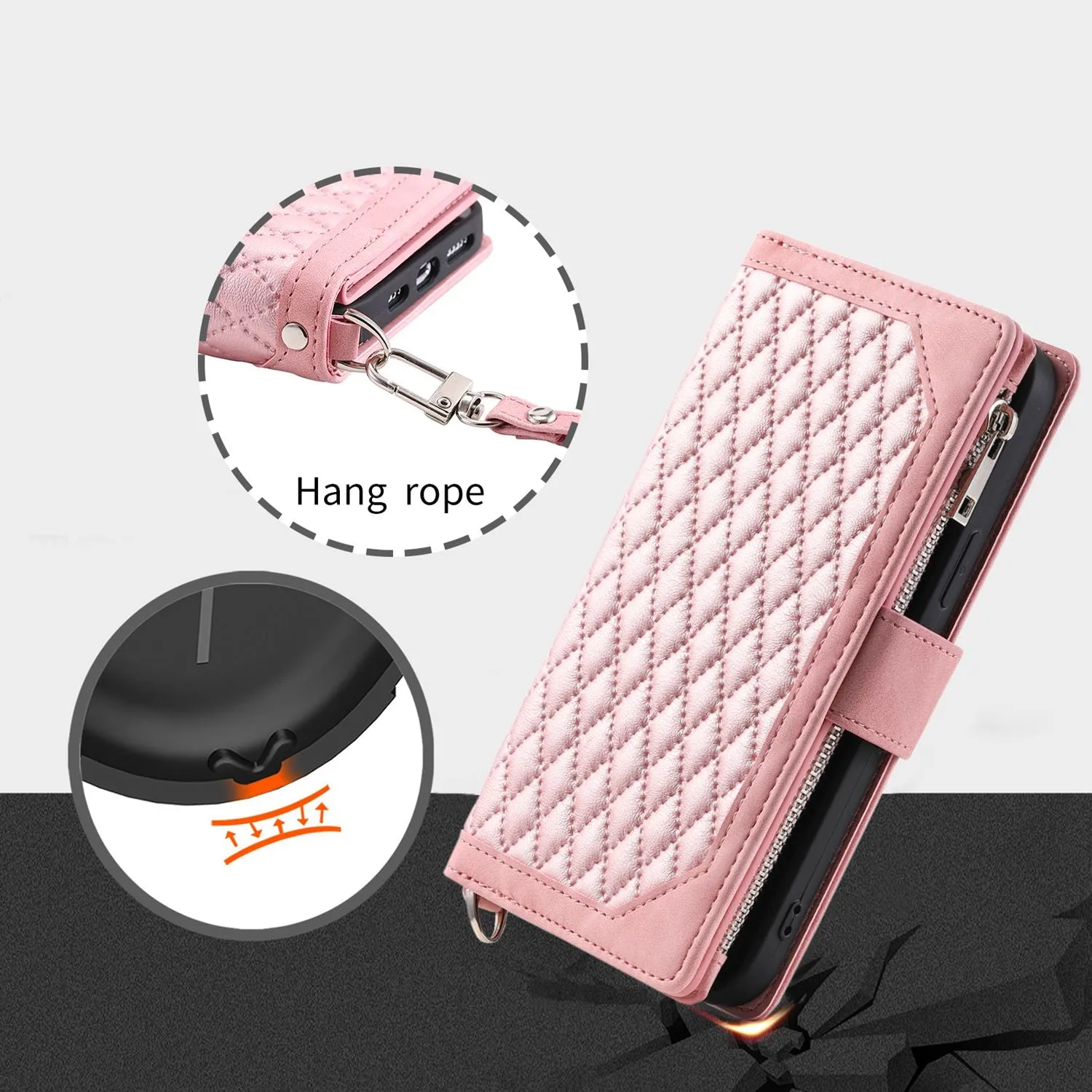 005 Style Zipper Pocket Stand Case for iPhone 11 Pro Max 6.5 inch, PU Leather Wallet Rhombus Texture Phone Shell Protector with Wrist Strap