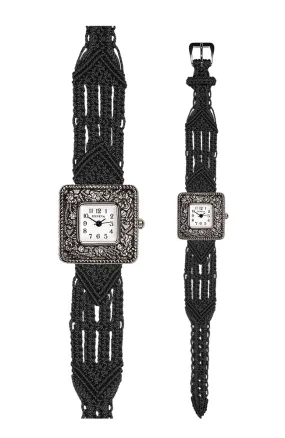 106 Black - Wide with Antique Style Square Marcasite Watch