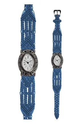 106 Blue - Wide with Vintage Style Oval Marcasite Watch