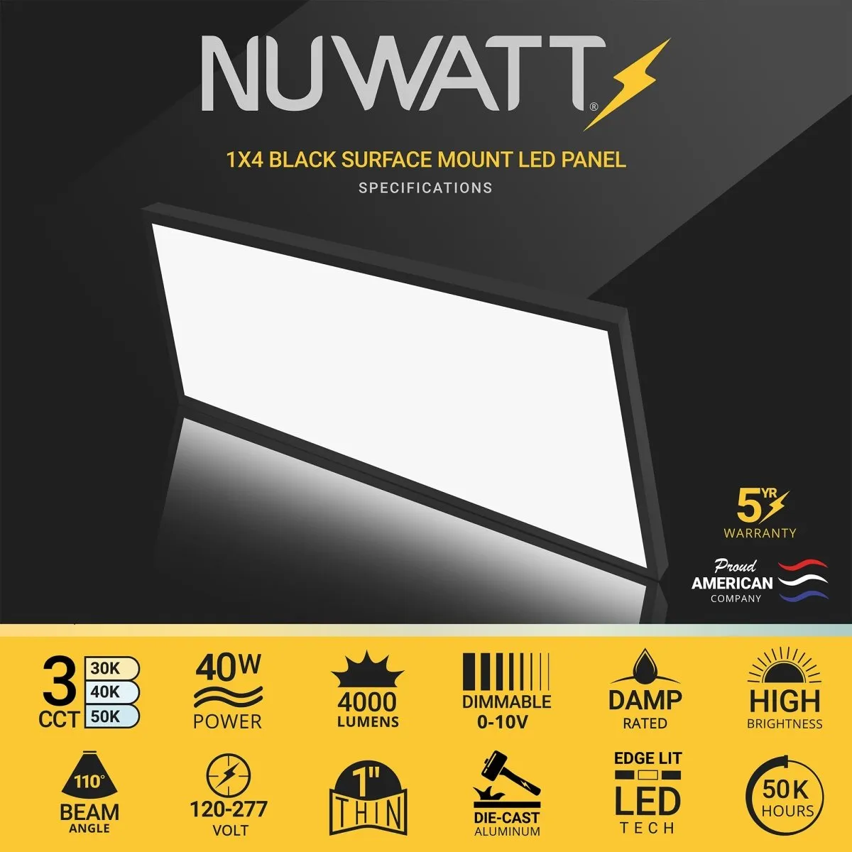 1x4 LED Flat Panel Light Surface Mount - 0-10V Dimmable - 3CCT 3000K-5000K - 4000LM - Black Trim