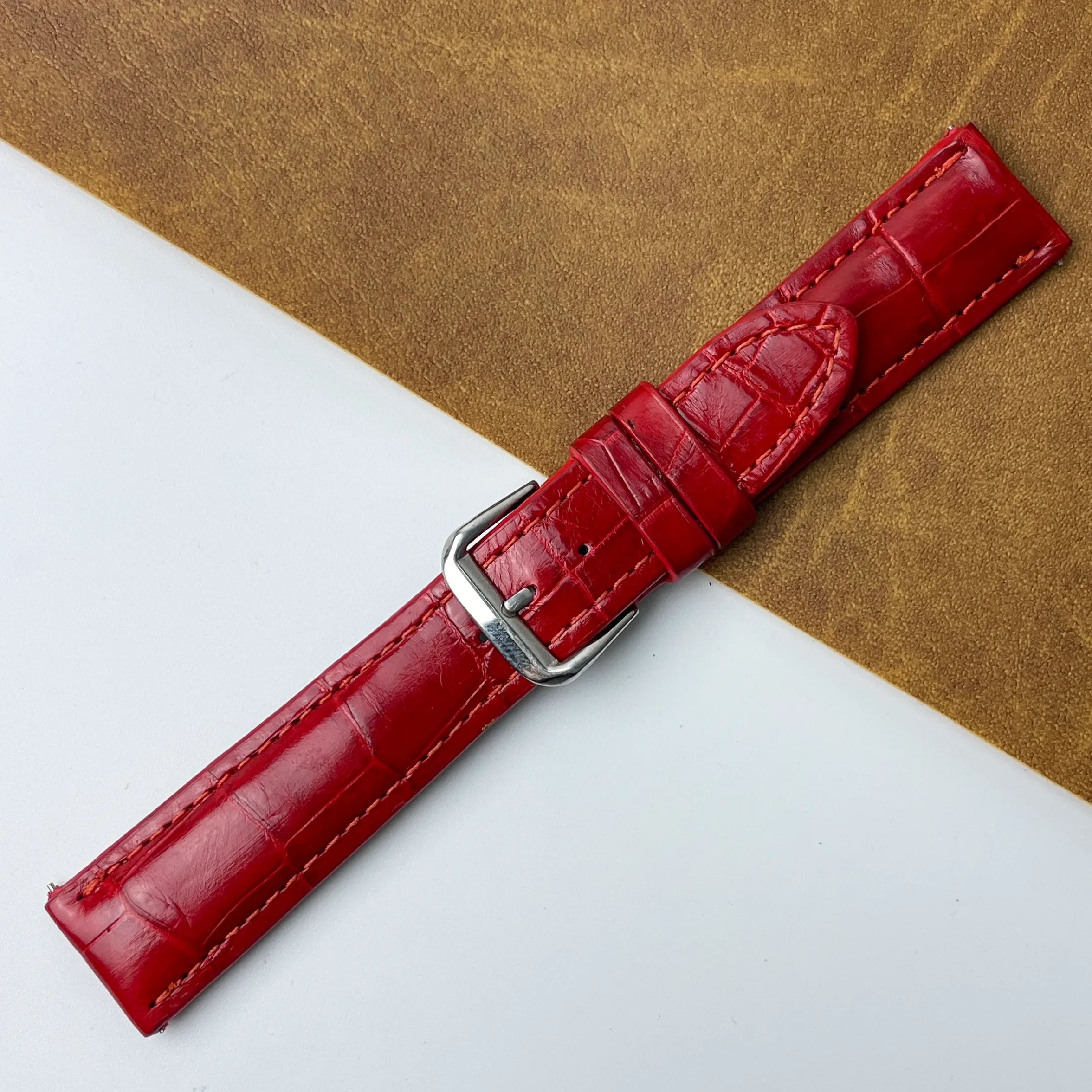 20mm Red Unique Pattern Alligator Leather Watch Band For Men