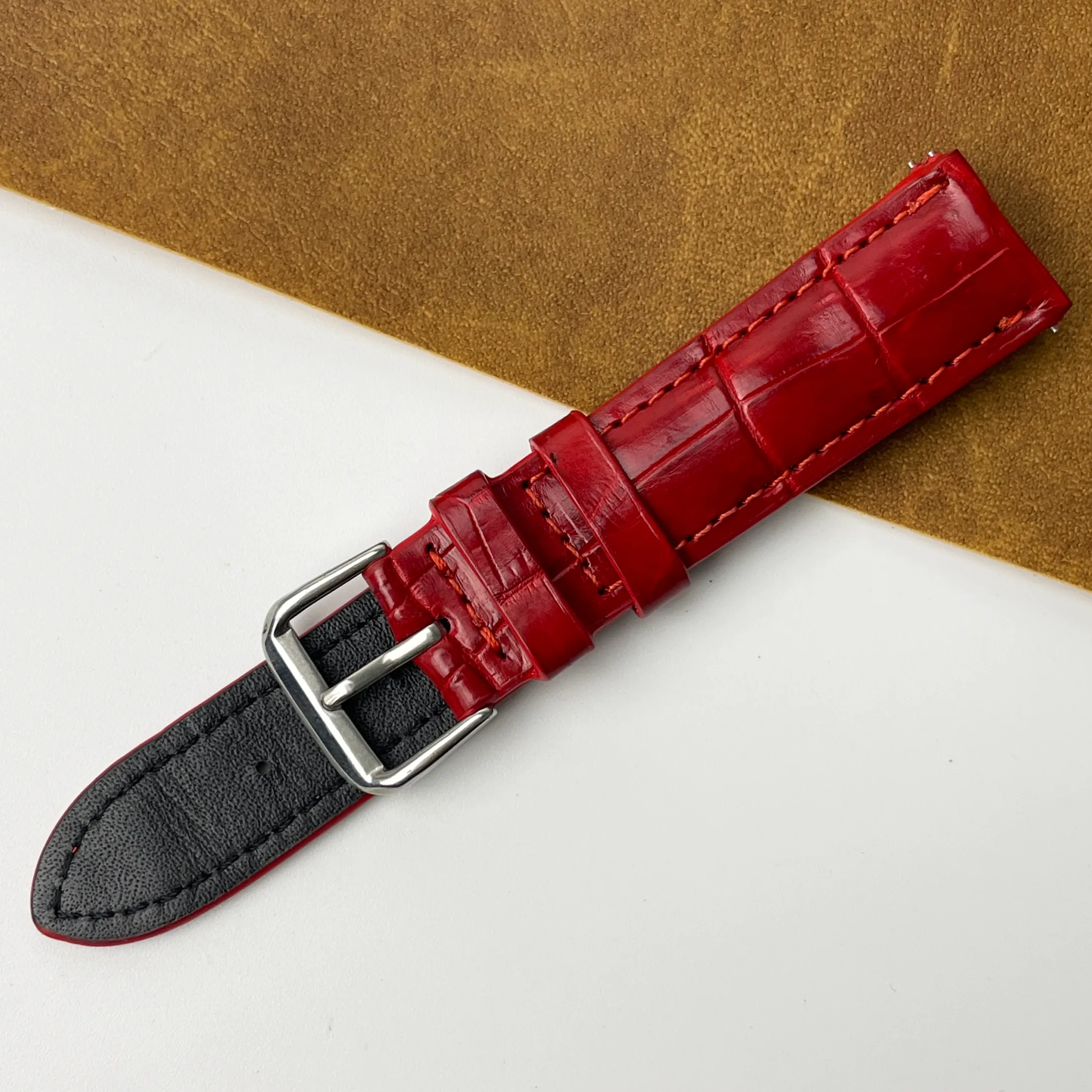 20mm Red Unique Pattern Alligator Leather Watch Band For Men