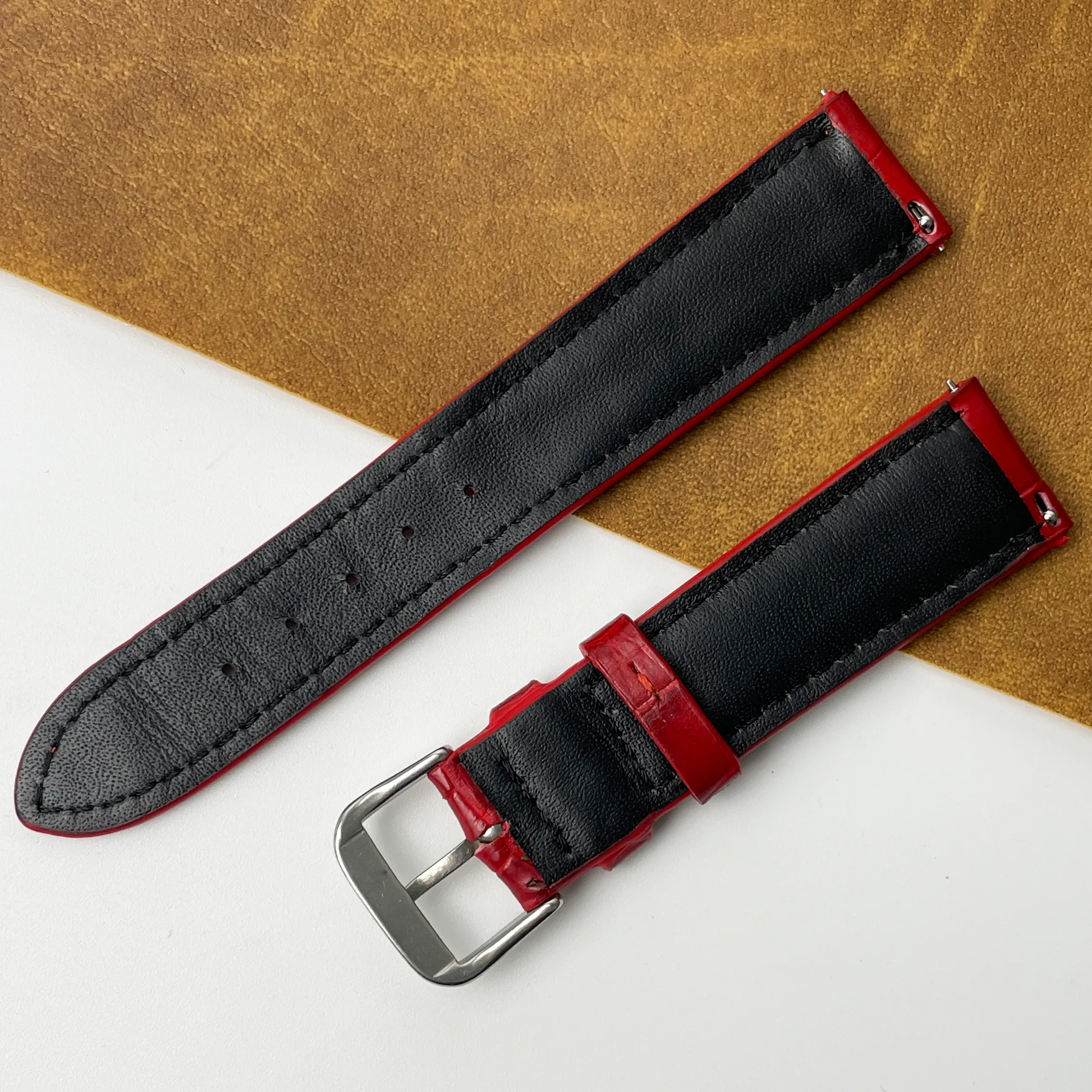 20mm Red Unique Pattern Alligator Leather Watch Band For Men