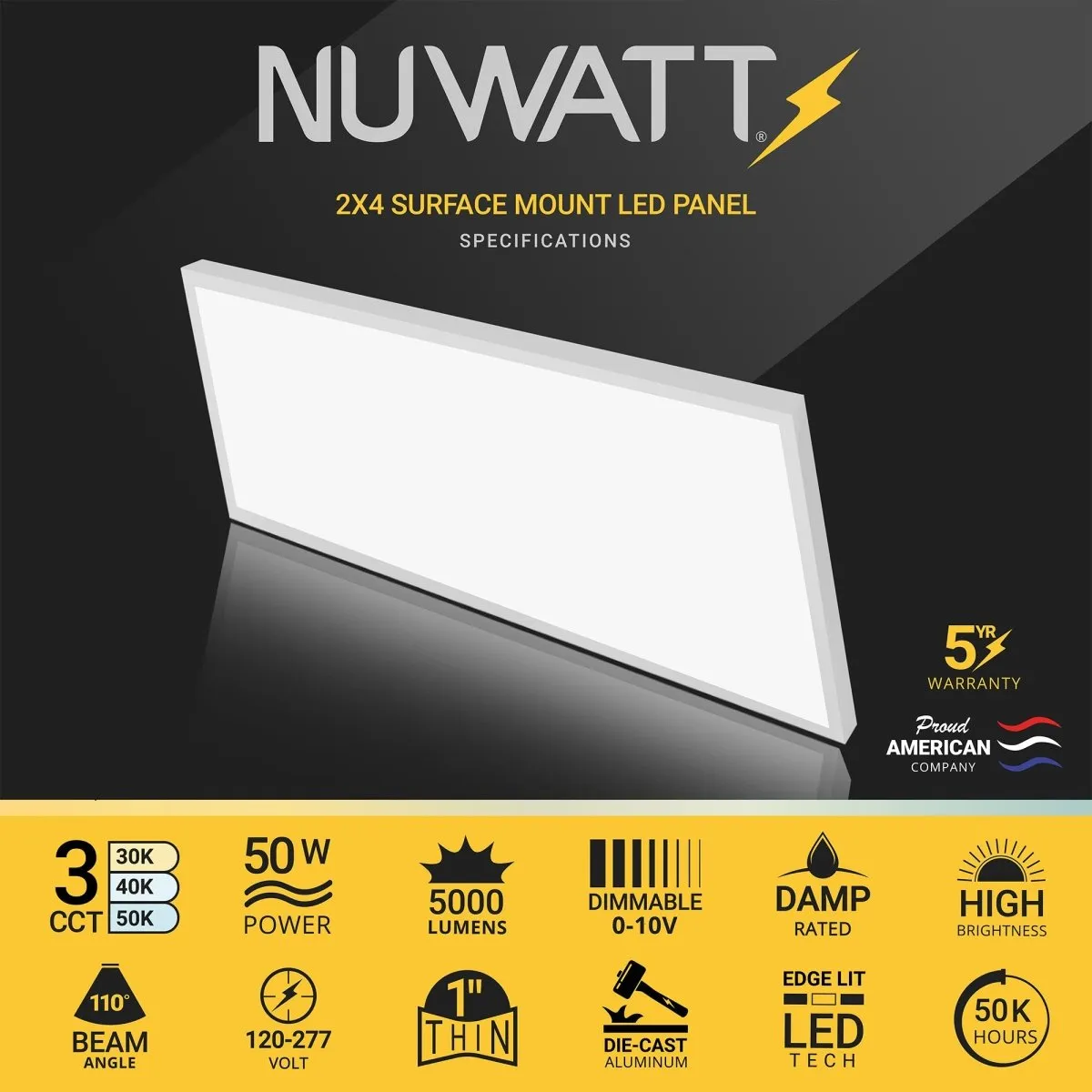 2x4 LED Flat Panel Light Surface Mount - 0-10V Dimmable - 3CCT 3000K-5000K - 5000LM