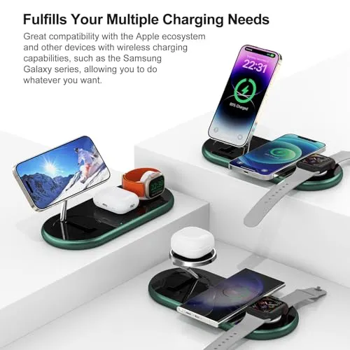 3 in 1 Charging Station for Apple Devices, Faster Mag-Safe Charger Stand, Magnetic Wireless Charger Station for iPhone 15 14 13 12 Pro Max Plus, Apple Watch iwacth & AirPods, (Alpine Green)