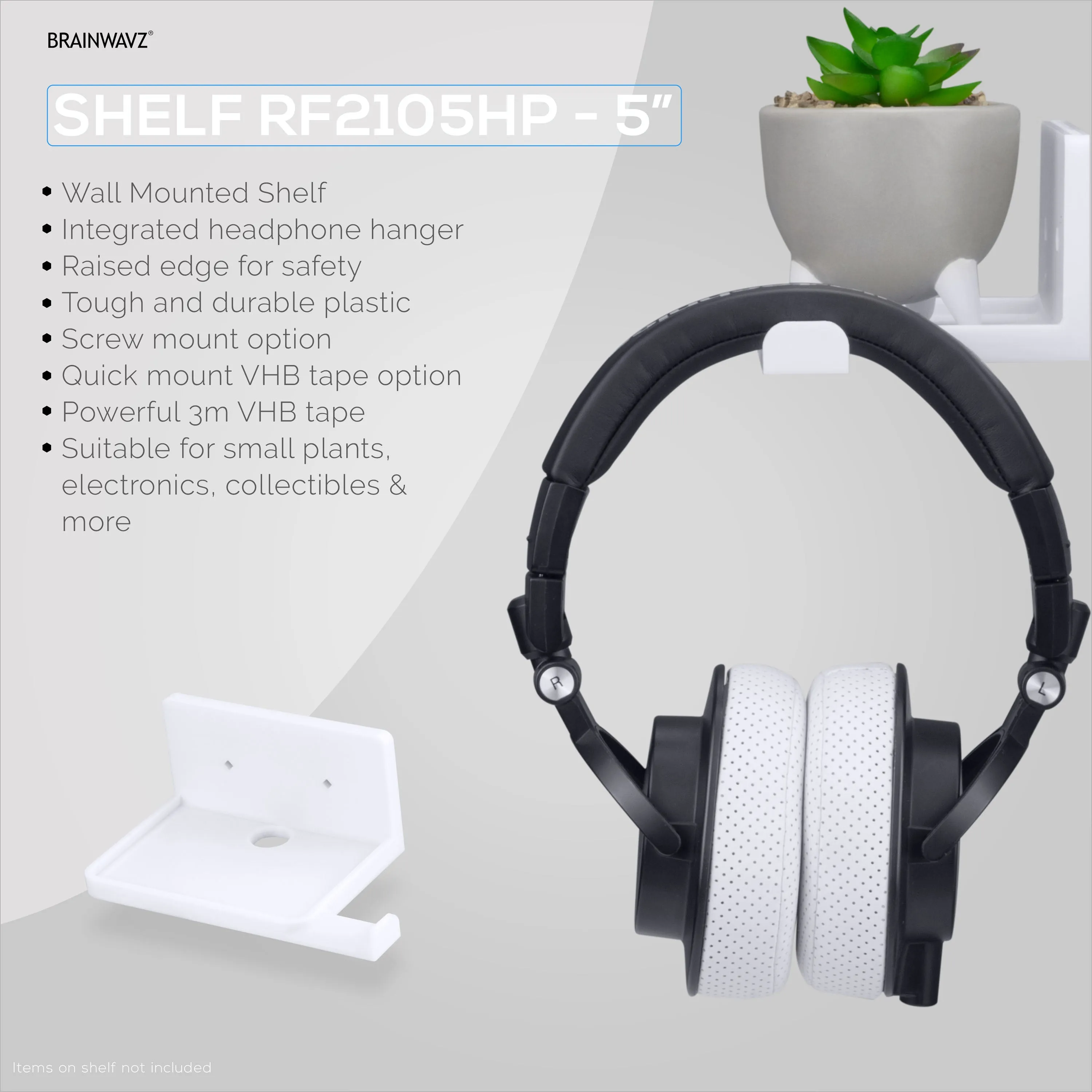 5” Small Floating Shelf with Headphone Hanger, Adhesive & Screw In, For Bluetooth Speakers, Cameras, Plants, Toys, Books & More By Brainwavz (RF2105-HP, White)