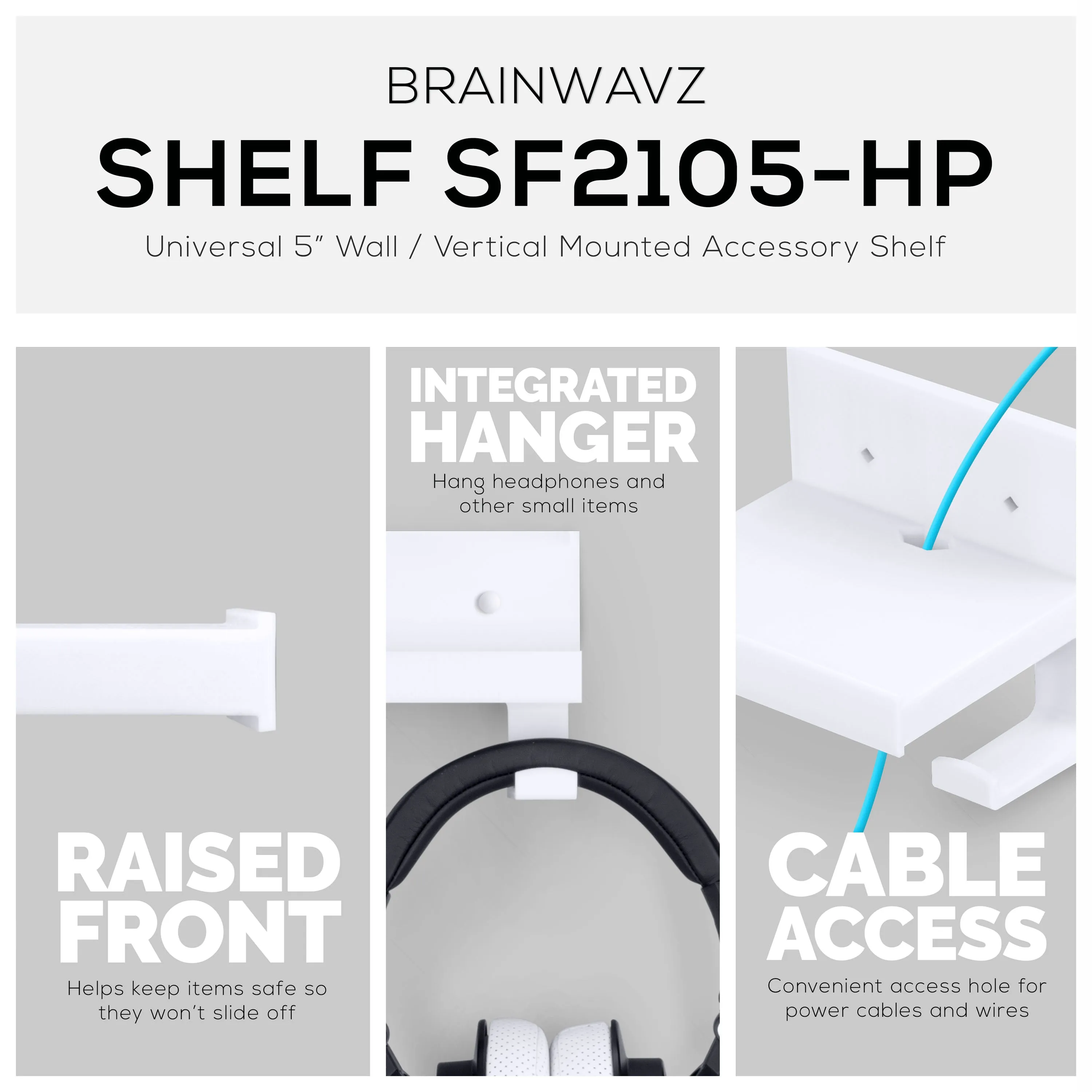 5" Small Floating Shelf With Headphone Hanger, Adhesive & Screw In, For Bluetooth Speakers, Cameras, Plants, Toys & More, Easy to Install (SF2105-HP, White)