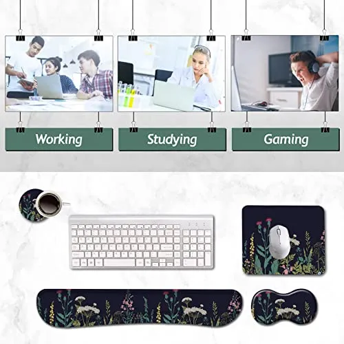 AIMSA Keyboard Wrist Rest Support   Mouse Pad   Mouse Wrist Rest   Coaster, Ergonomic Memory Foam Anti-Slip Rubber Base 4 PCS Set Easy Typing Pain Relief, Flowers Plants