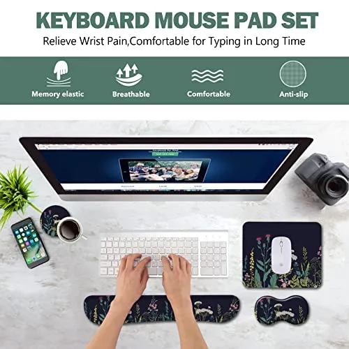 AIMSA Keyboard Wrist Rest Support   Mouse Pad   Mouse Wrist Rest   Coaster, Ergonomic Memory Foam Anti-Slip Rubber Base 4 PCS Set Easy Typing Pain Relief, Flowers Plants