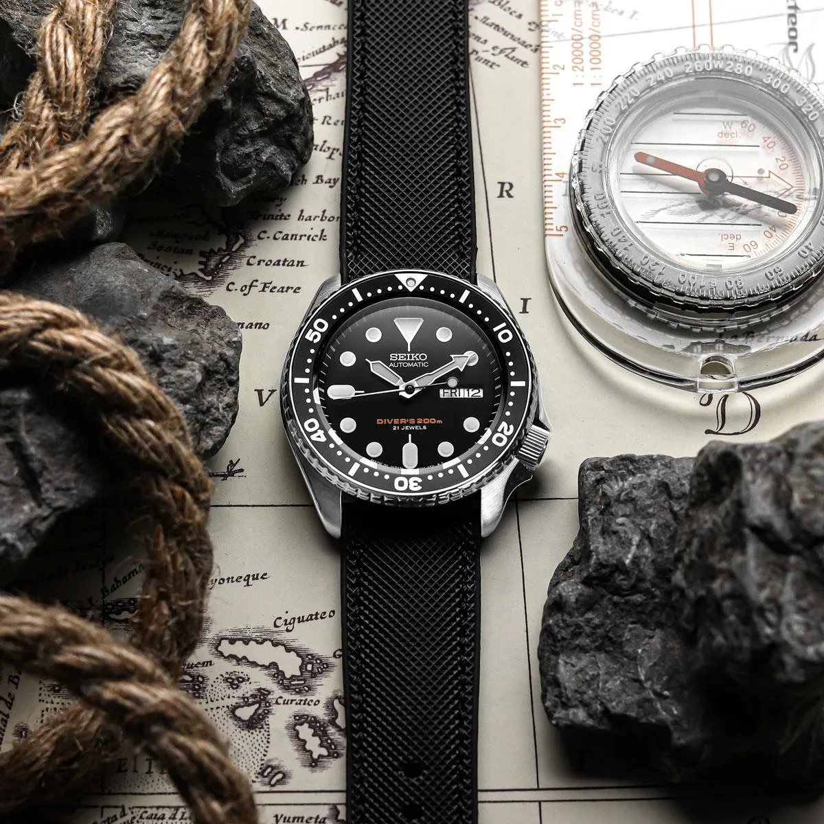 ANVIL FKM Rubber Watch Strap - Black / Black