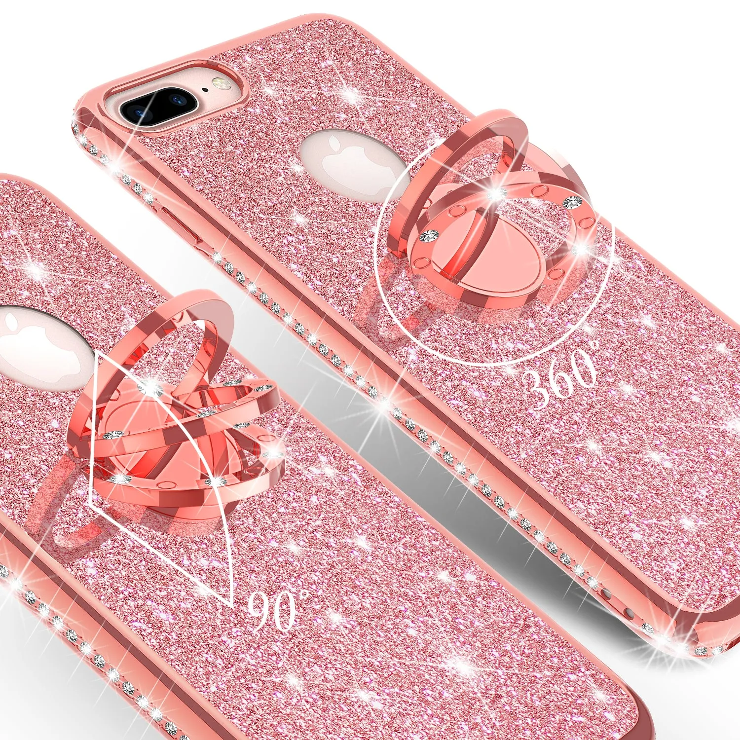 Apple iPhone 7 Plus Case, Glitter Cute Phone Case Girls with Kickstand,Bling Diamond Rhinestone Bumper Ring Stand Sparkly Luxury Clear Thin Soft Protective Apple iPhone 7 Plus Case for Girl Women - Rose Gold