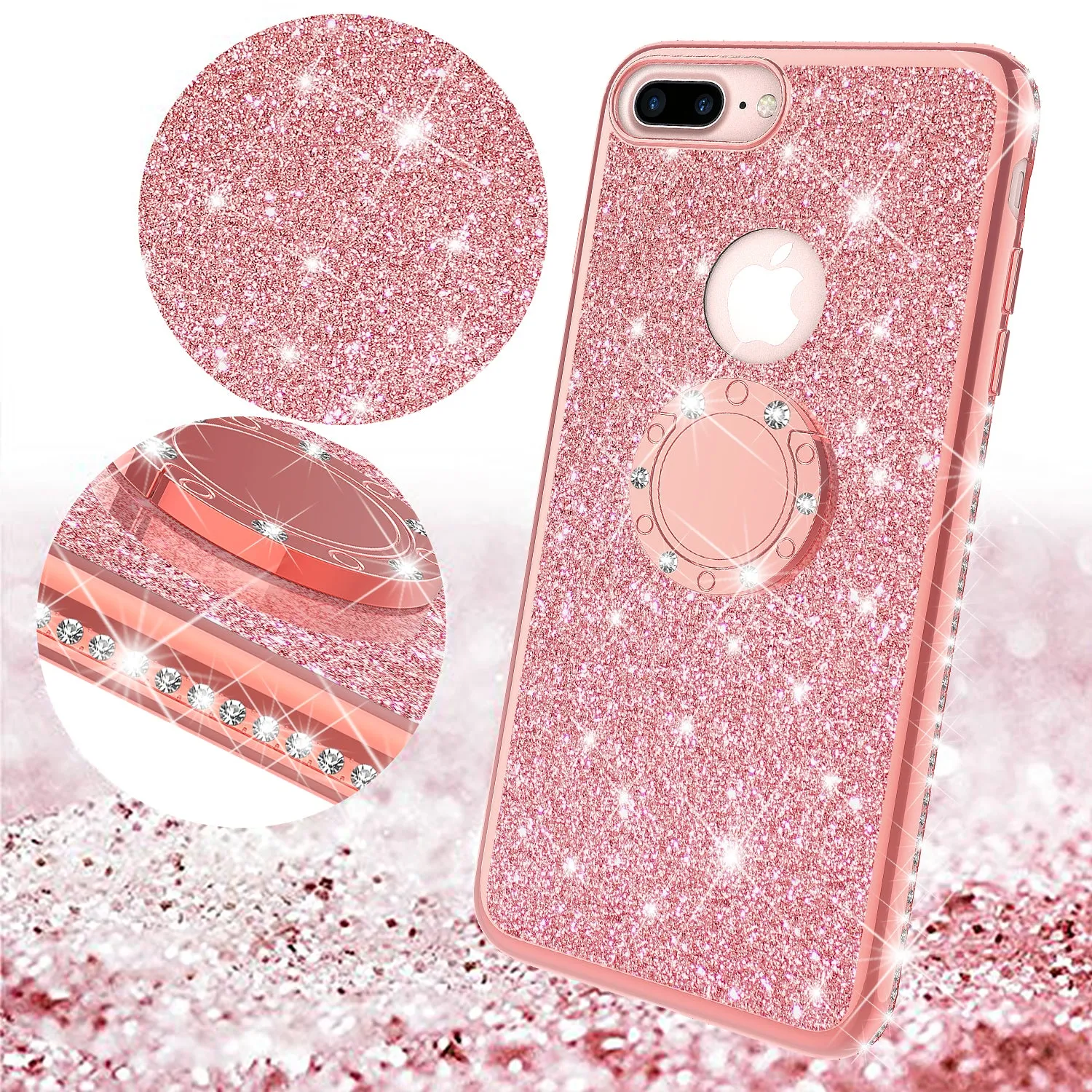 Apple iPhone 7 Plus Case, Glitter Cute Phone Case Girls with Kickstand,Bling Diamond Rhinestone Bumper Ring Stand Sparkly Luxury Clear Thin Soft Protective Apple iPhone 7 Plus Case for Girl Women - Rose Gold