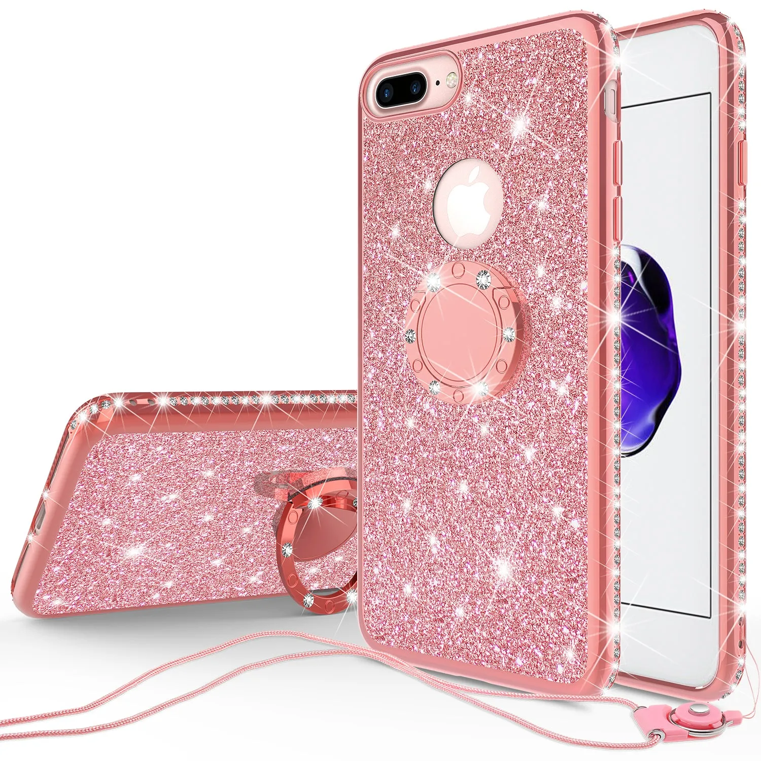 Apple iPhone 7 Plus Case, Glitter Cute Phone Case Girls with Kickstand,Bling Diamond Rhinestone Bumper Ring Stand Sparkly Luxury Clear Thin Soft Protective Apple iPhone 7 Plus Case for Girl Women - Rose Gold