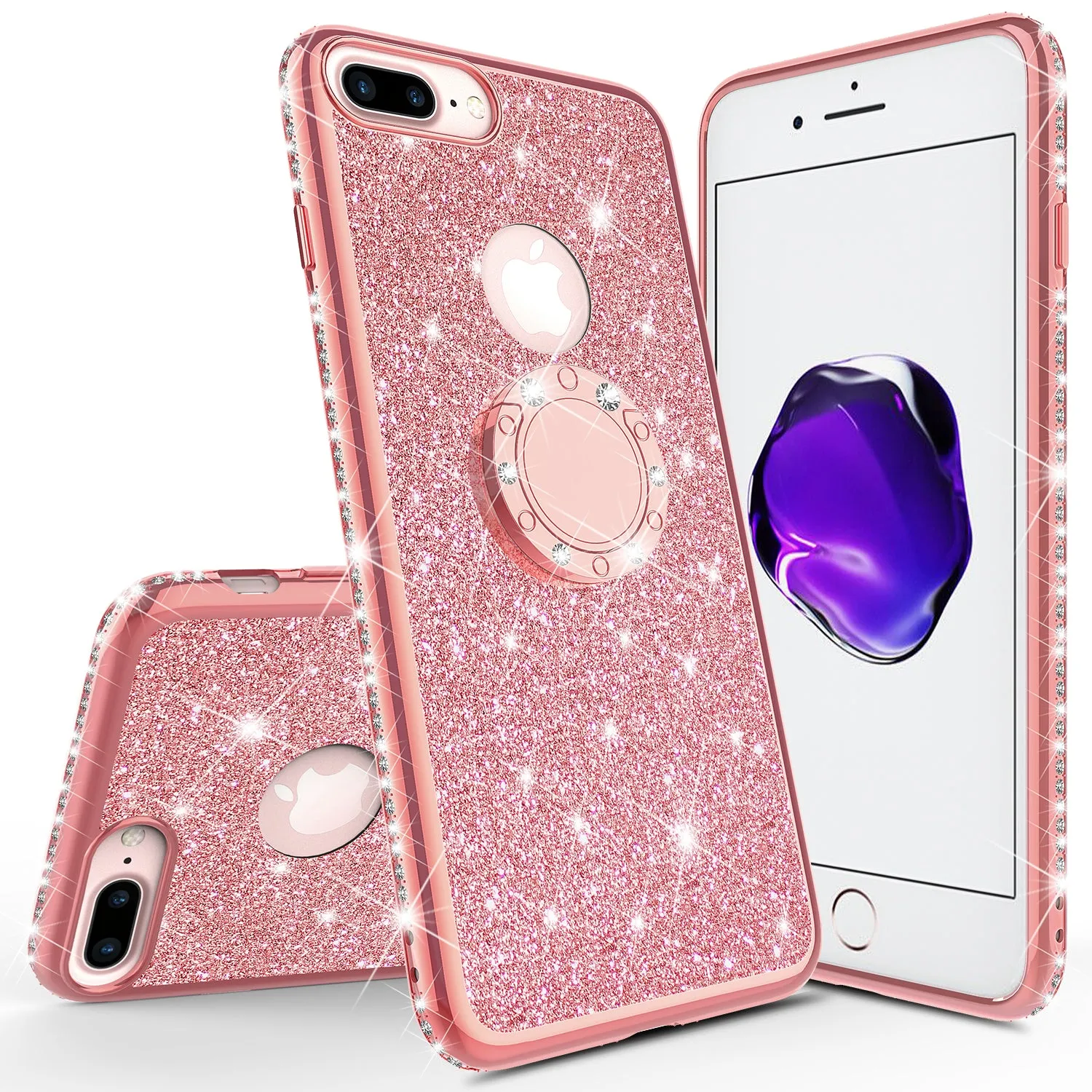 Apple iPhone 7 Plus Case, Glitter Cute Phone Case Girls with Kickstand,Bling Diamond Rhinestone Bumper Ring Stand Sparkly Luxury Clear Thin Soft Protective Apple iPhone 7 Plus Case for Girl Women - Rose Gold