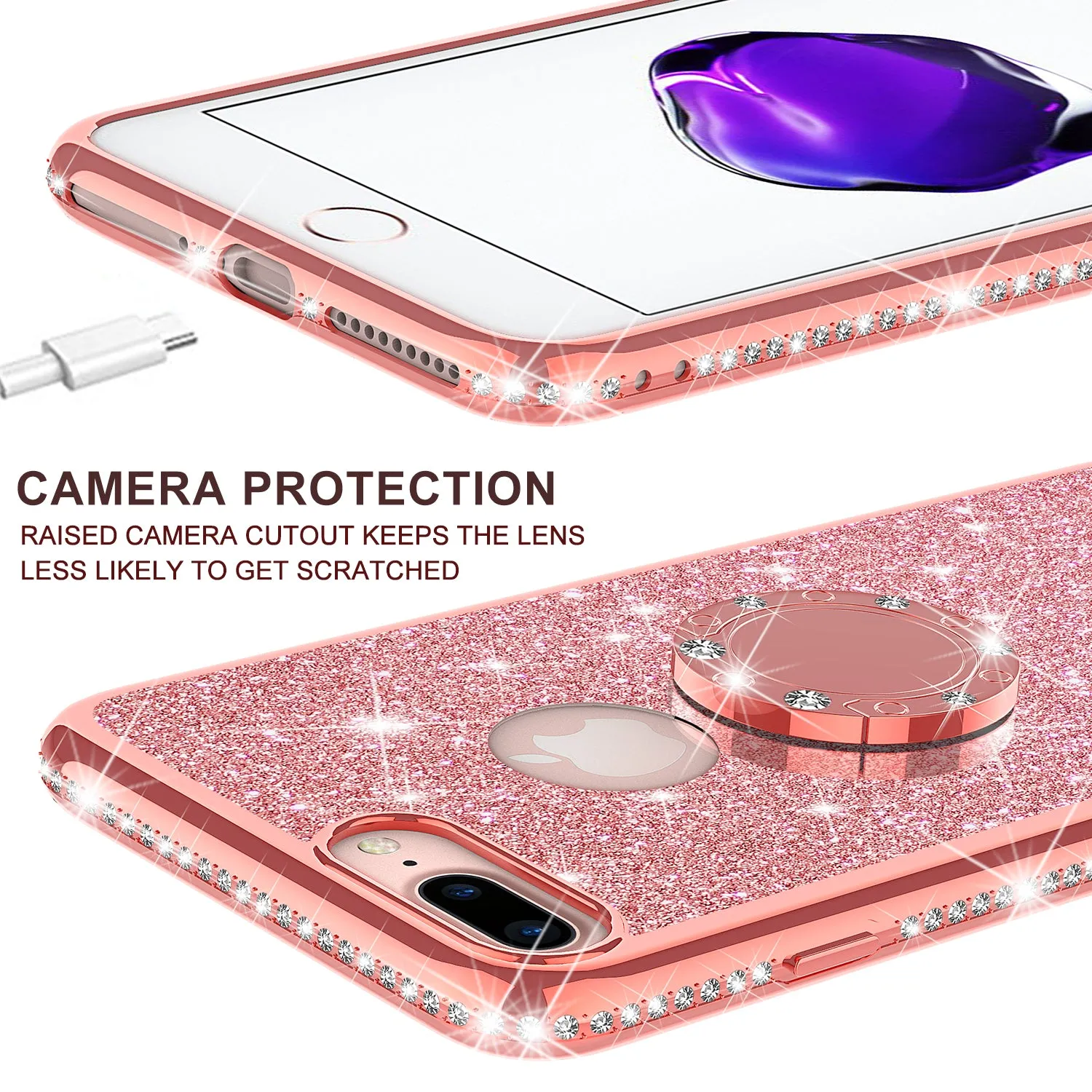 Apple iPhone 7 Plus Case, Glitter Cute Phone Case Girls with Kickstand,Bling Diamond Rhinestone Bumper Ring Stand Sparkly Luxury Clear Thin Soft Protective Apple iPhone 7 Plus Case for Girl Women - Rose Gold