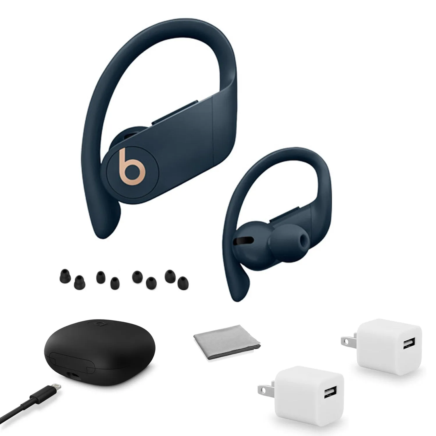 Beats by Dr. Dre Powerbeats Pro In-Ear Wireless Headphones (Navy Blue) MY592LL/A with 2x USB Wall Adapter Cubes   More