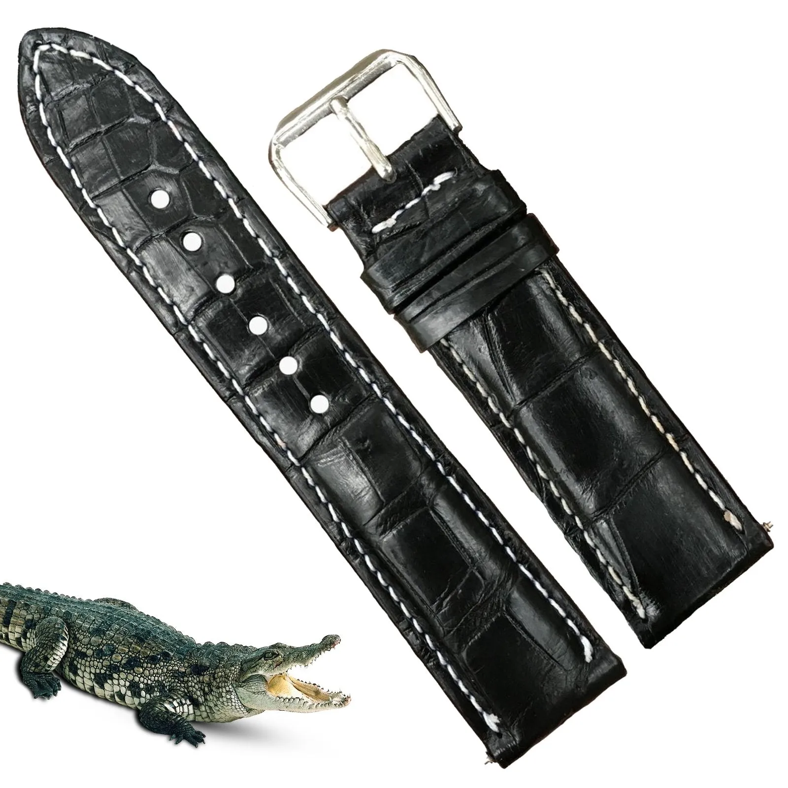 Black Alligator Leather Watch Band For Men | Premium Crocodile Quick Release Replacement Wristwatch Strap | DH-53