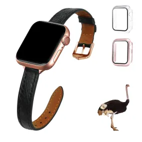 Black Flat Ostrich Leather Band Compatible Apple Watch Iwatch 42mm Screen Protector Case Gold Adapter Replacement Strap For Smartwatch Series 1 2 3 Leather Handmade AW-181G-W-4MM