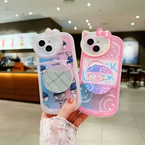 Cartoon Cat Printed TPU Camera Protection Cover with Mirror Stand - iPhone 12