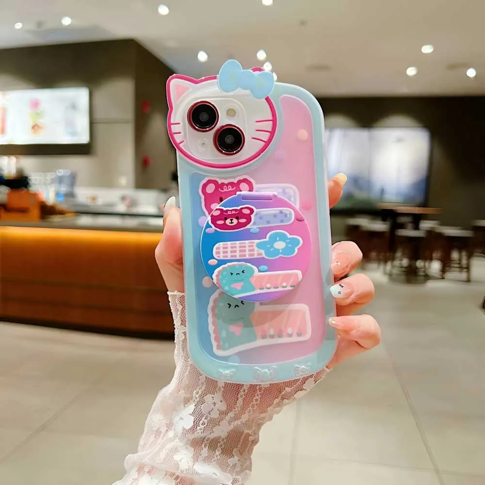 Cartoon Cat Printed TPU Camera Protection Cover with Mirror Stand - iPhone 12