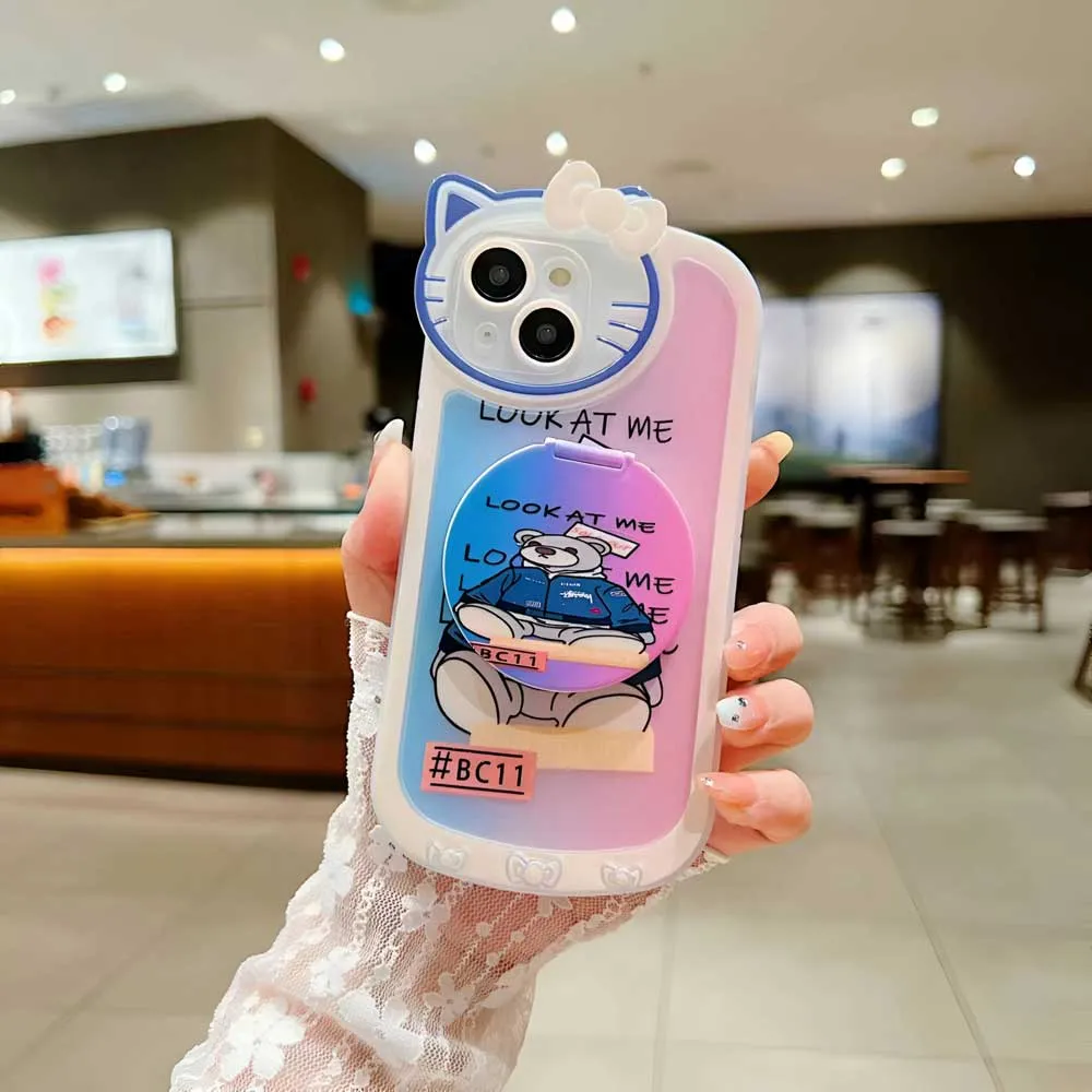 Cartoon Cat Printed TPU Camera Protection Cover with Mirror Stand - iPhone 12