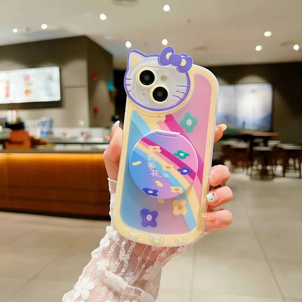 Cartoon Cat Printed TPU Camera Protection Cover with Mirror Stand - iPhone 12