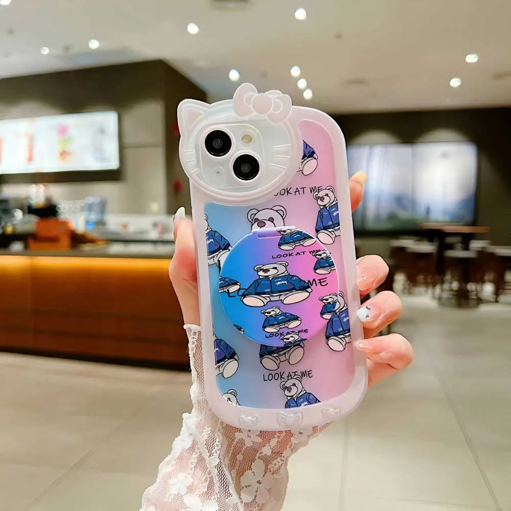 Cartoon Cat Printed TPU Camera Protection Cover with Mirror Stand - iPhone 12