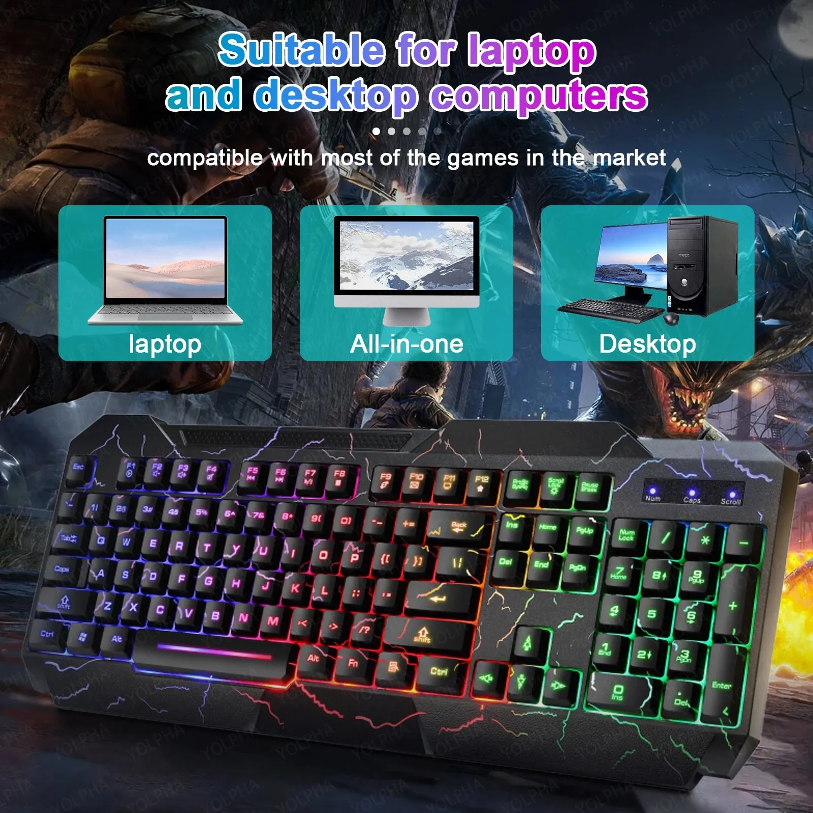 Crack Rainbow Glow Gaming Keyboard& Mouse Set with Backlight Luminous Gaming Peripheral Ergonomic Mechanical Feel Keyboard Mouse