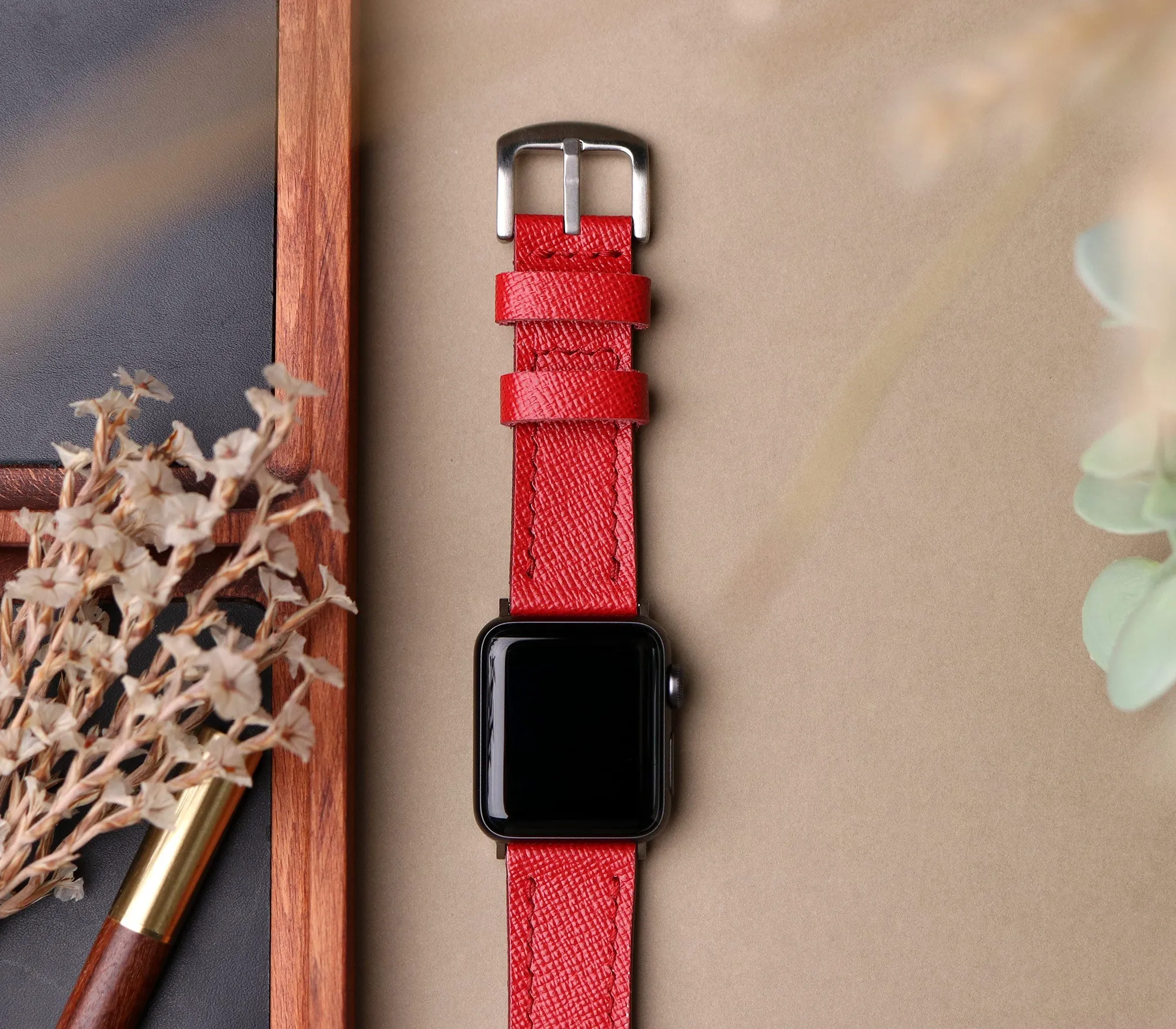 Custom Made Apple Watch Strap - Scarlet Red Saffiano