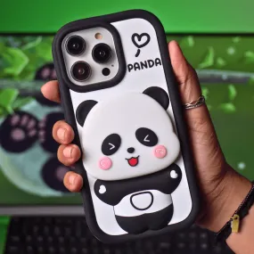 Cute Panda With Mirror Stand Silicon Phone Case For iPhone 16 Plus