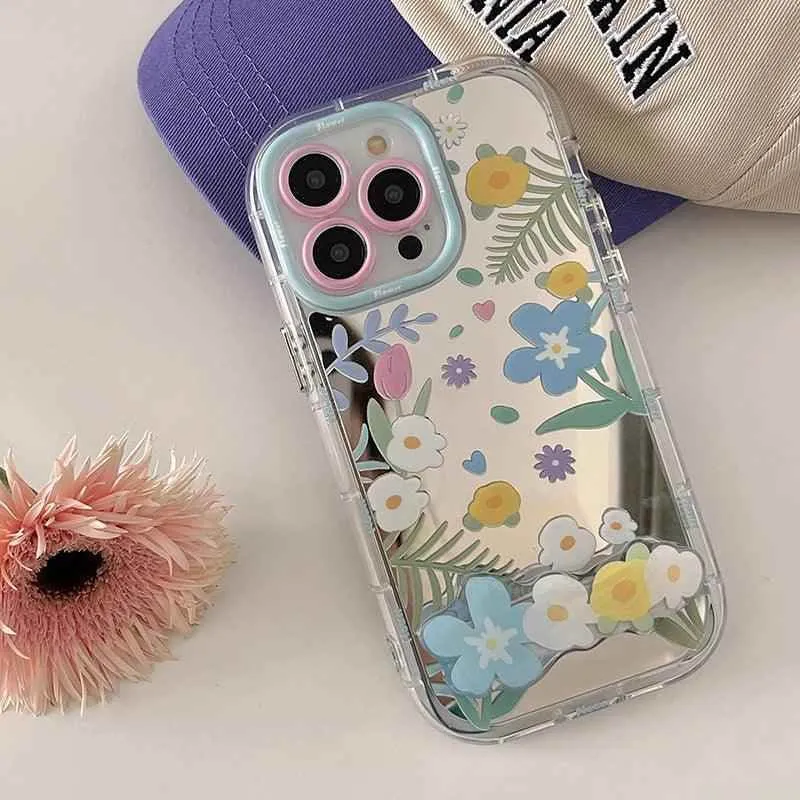 Cute Phone Cases - Floral Makeup Mirror with Stand for iPhone 15/14/13/12 Pro Max - TSP287