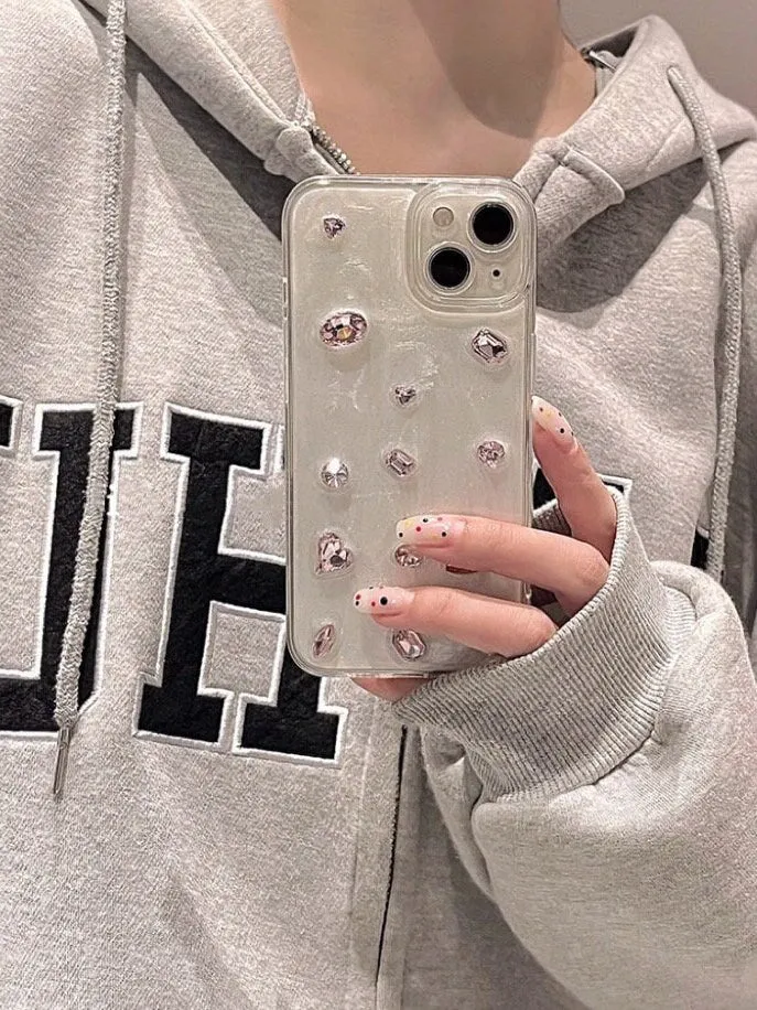 Cute Solid White Pearlescent Diamond Rhinestone Studded Bling Glam Protective Shockproof iPhone Case for iPhone 11 12 13 14 15 Plus Pro Max