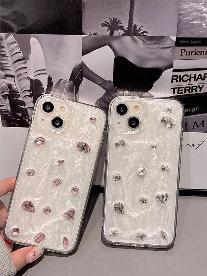 Cute Solid White Pearlescent Diamond Rhinestone Studded Bling Glam Protective Shockproof iPhone Case for iPhone 11 12 13 14 15 Plus Pro Max